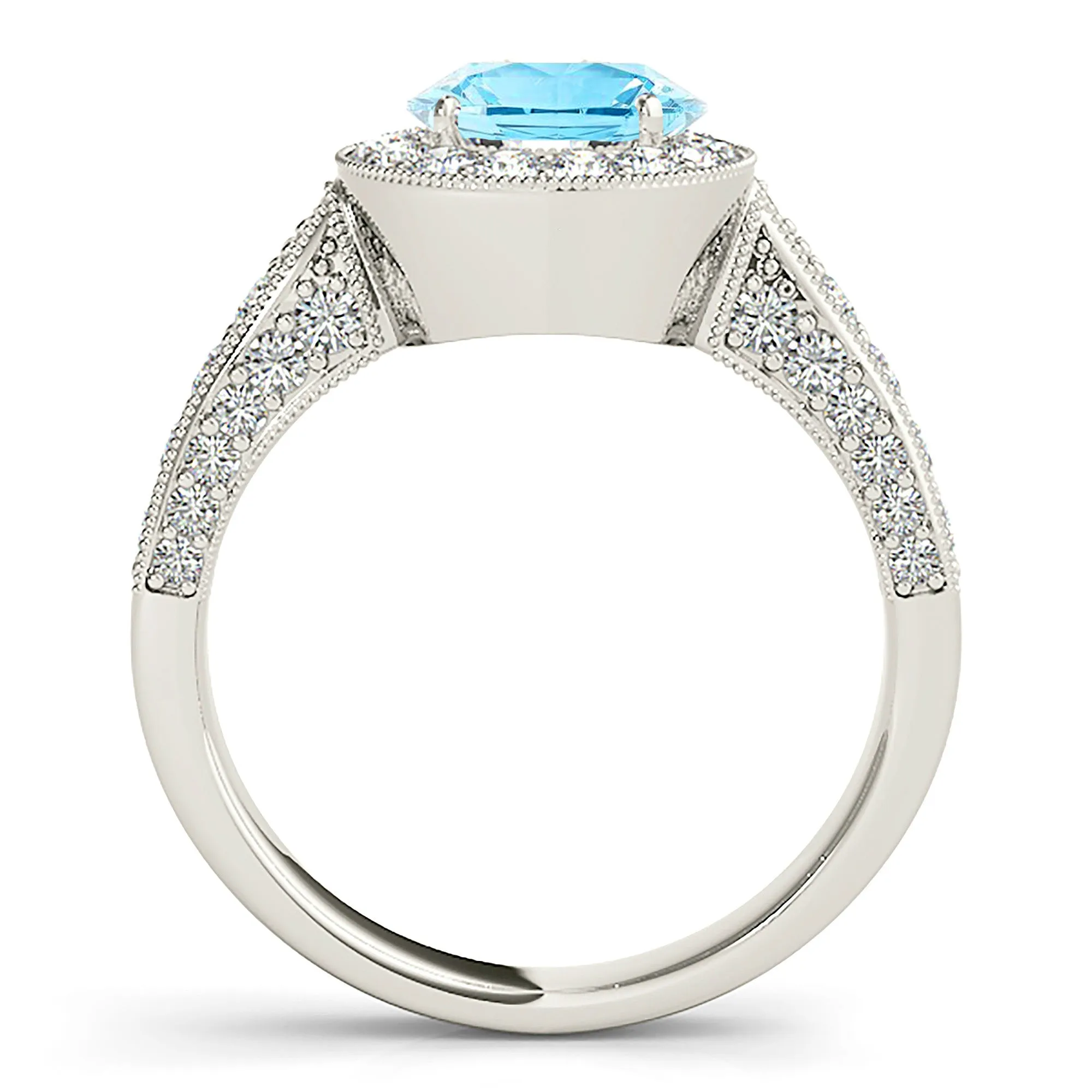 1.10 ct. Genuine Aquamarine Ring With Milgrain Halo And 3D Diamond Band