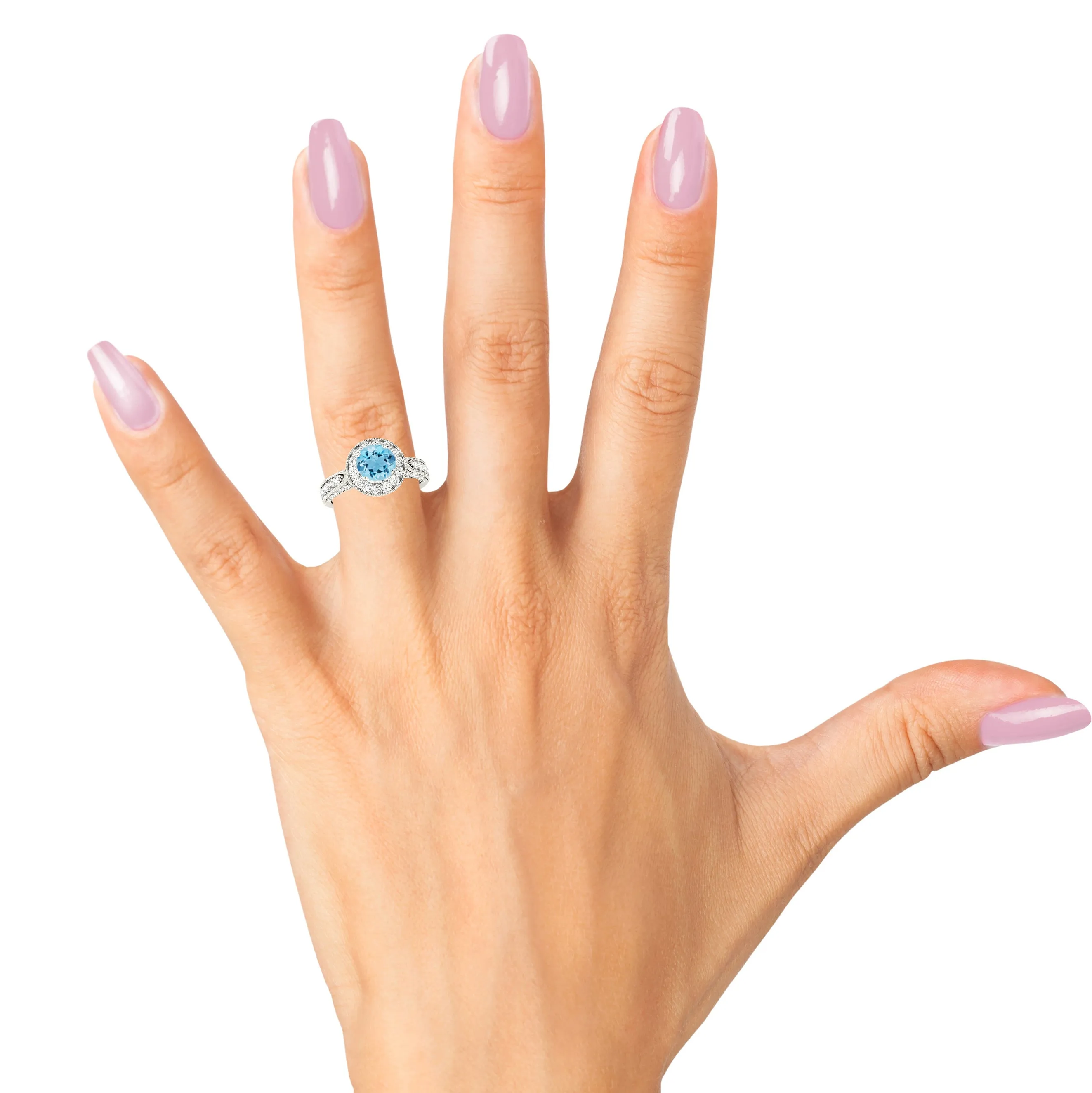 1.10 ct. Genuine Aquamarine Ring With Milgrain Halo And 3D Diamond Band