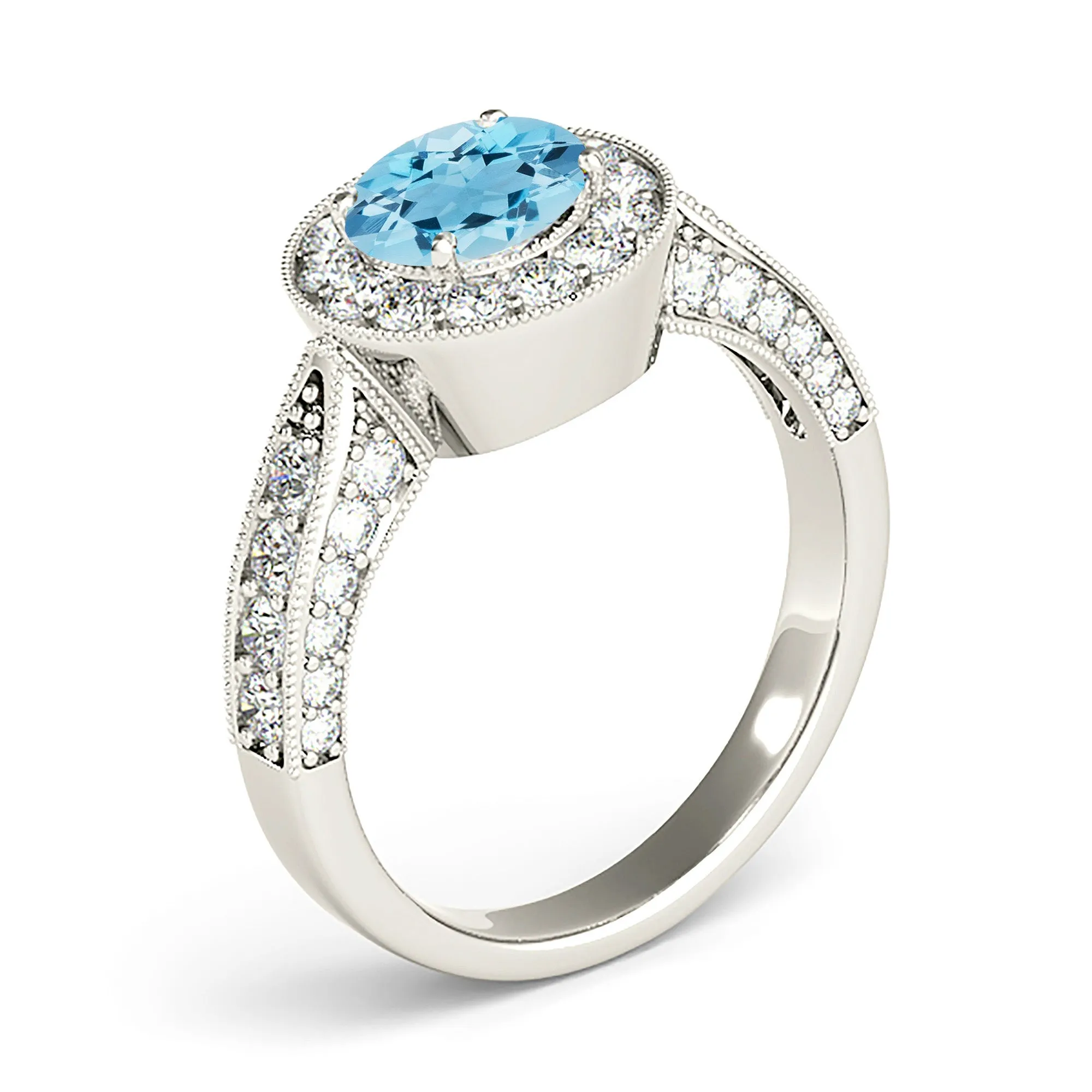 1.10 ct. Genuine Aquamarine Ring With Milgrain Halo And 3D Diamond Band
