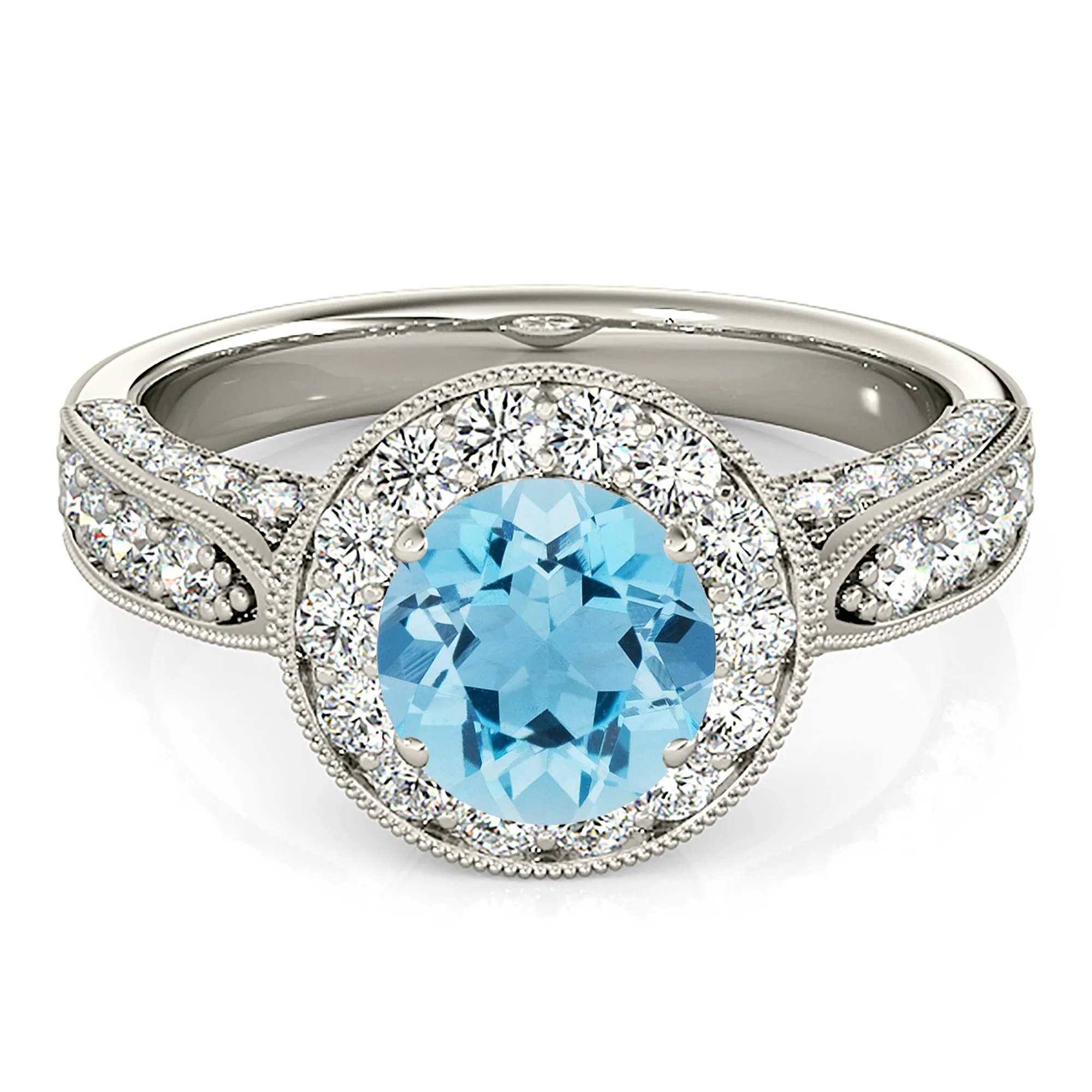 1.10 ct. Genuine Aquamarine Ring With Milgrain Halo And 3D Diamond Band