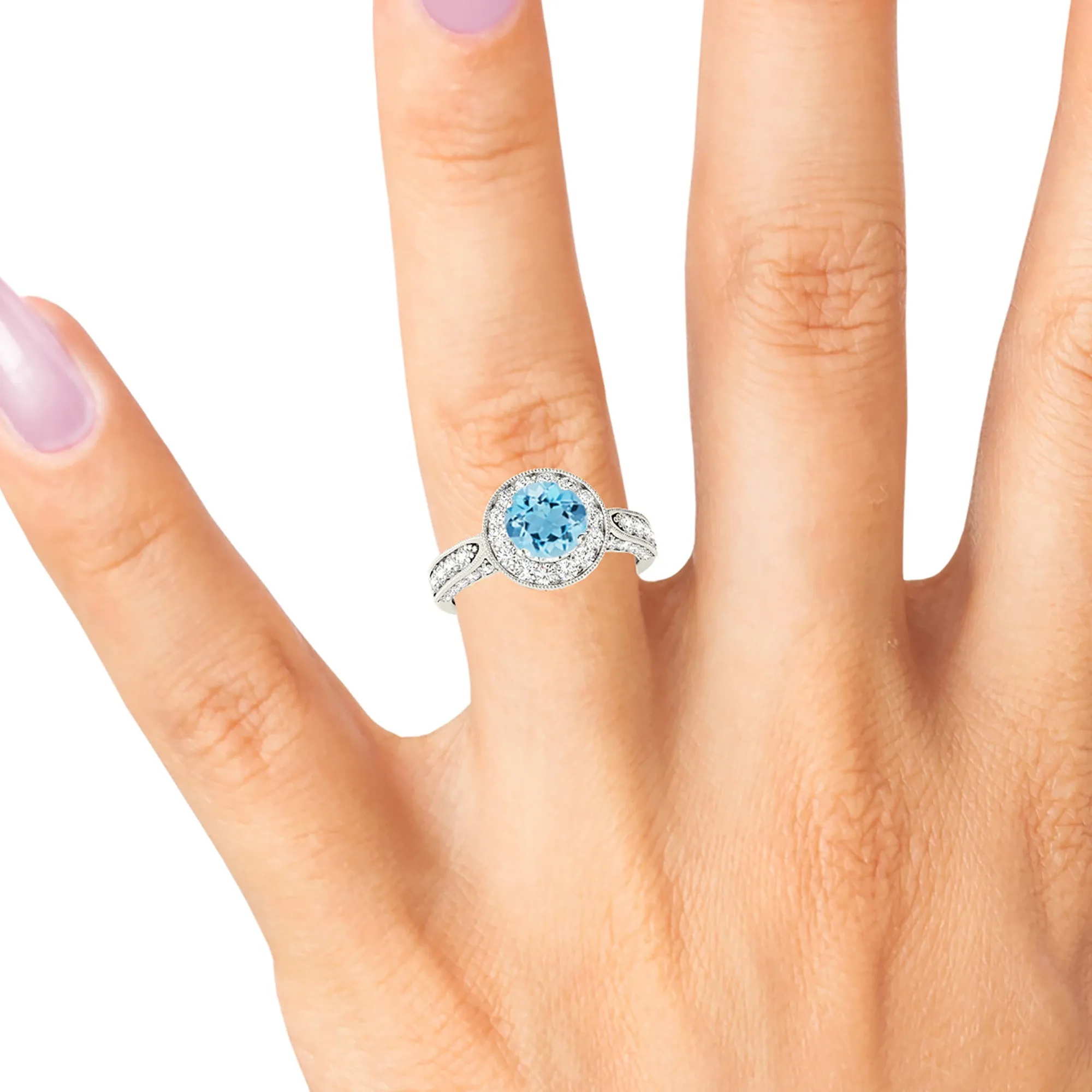 1.10 ct. Genuine Aquamarine Ring With Milgrain Halo And 3D Diamond Band