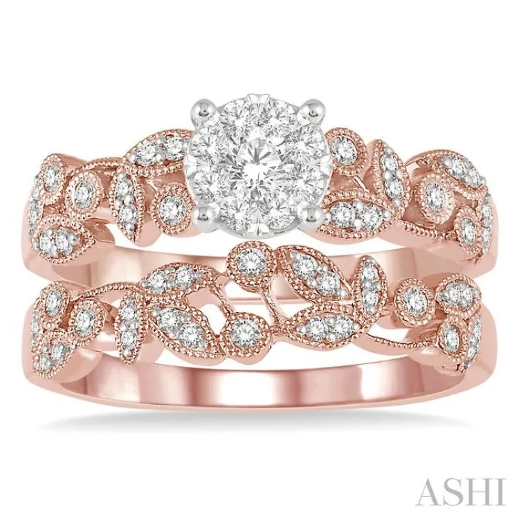 1/2 Ctw Diamond Lovebright Wedding Set with 3/8 Ctw Round Cut Engagement Ring and 1/6 Ctw Wedding Band in 14K Rose and White Gold