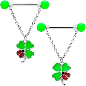 14 Gauge 11/16 Ladybug Shamrock UV Glow Chain Dangle Nipple Ring Set