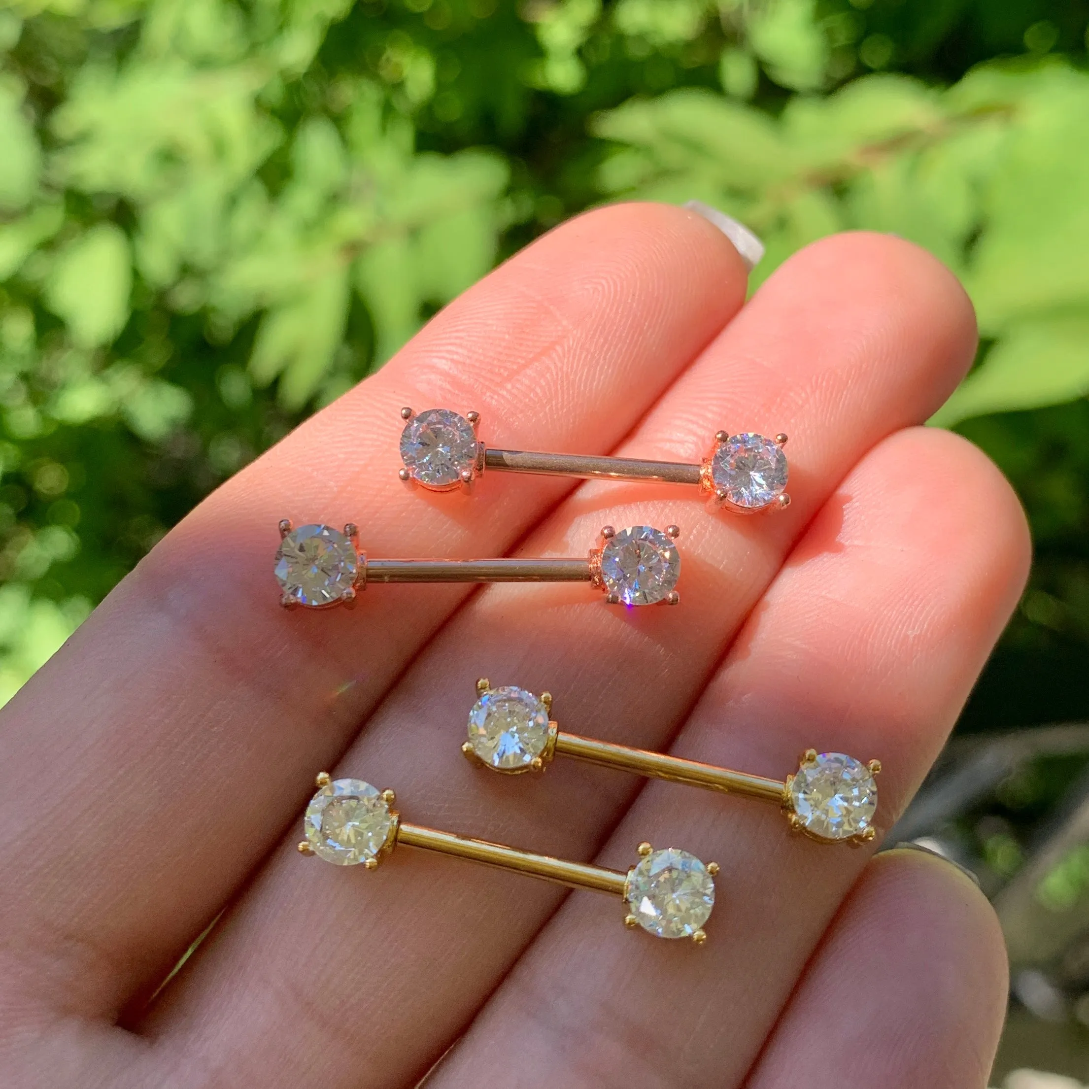 14 Gauge 9/16 Aurora CZ Gem Rose Gold Tone Barbell Nipple Ring Set