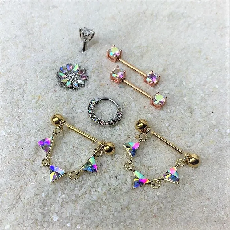 14 Gauge 9/16 Aurora CZ Gem Rose Gold Tone Barbell Nipple Ring Set