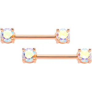 14 Gauge 9/16 Aurora CZ Gem Rose Gold Tone Barbell Nipple Ring Set