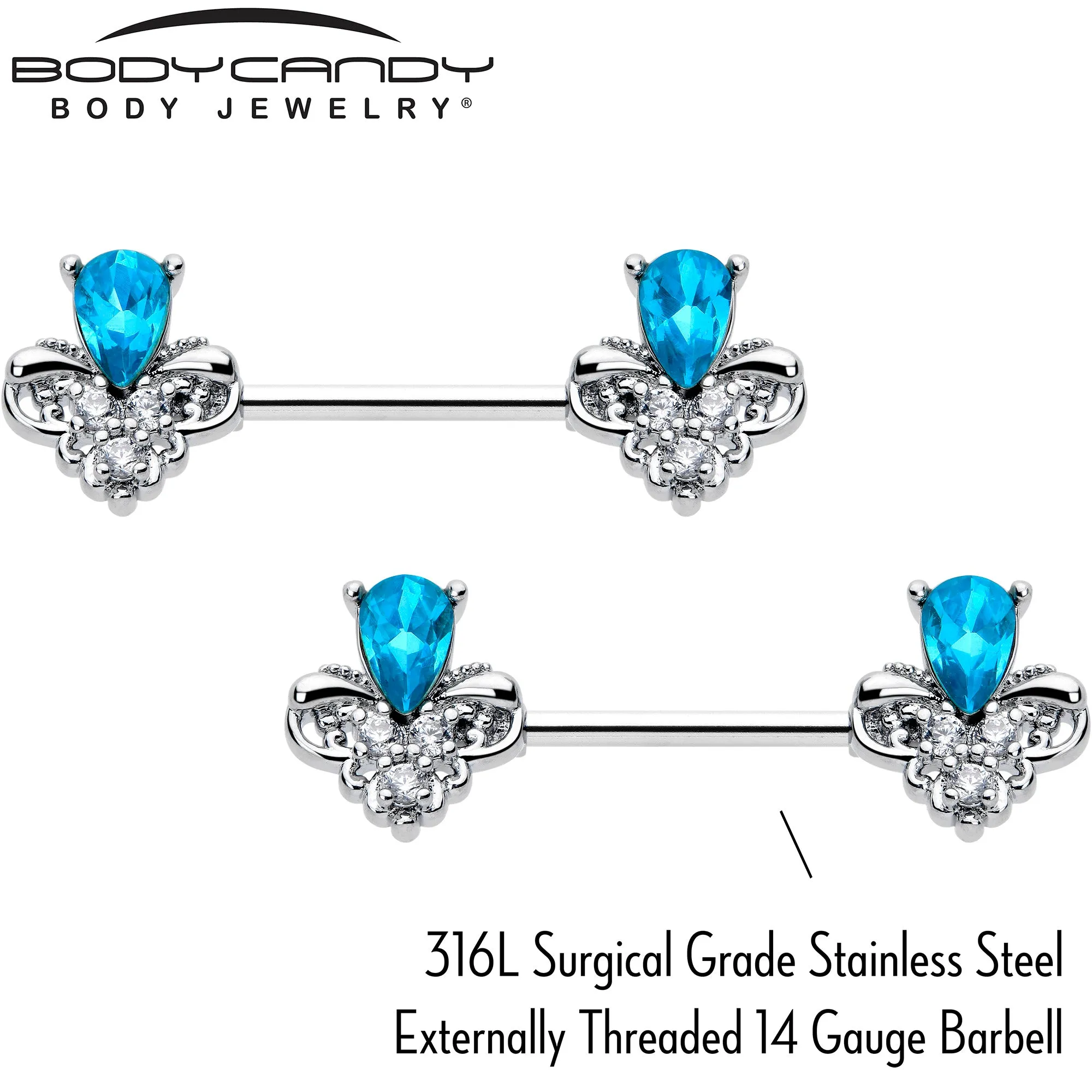 14 Gauge 9/16 Blue Gem Style Simplicity Barbell Nipple Ring Set