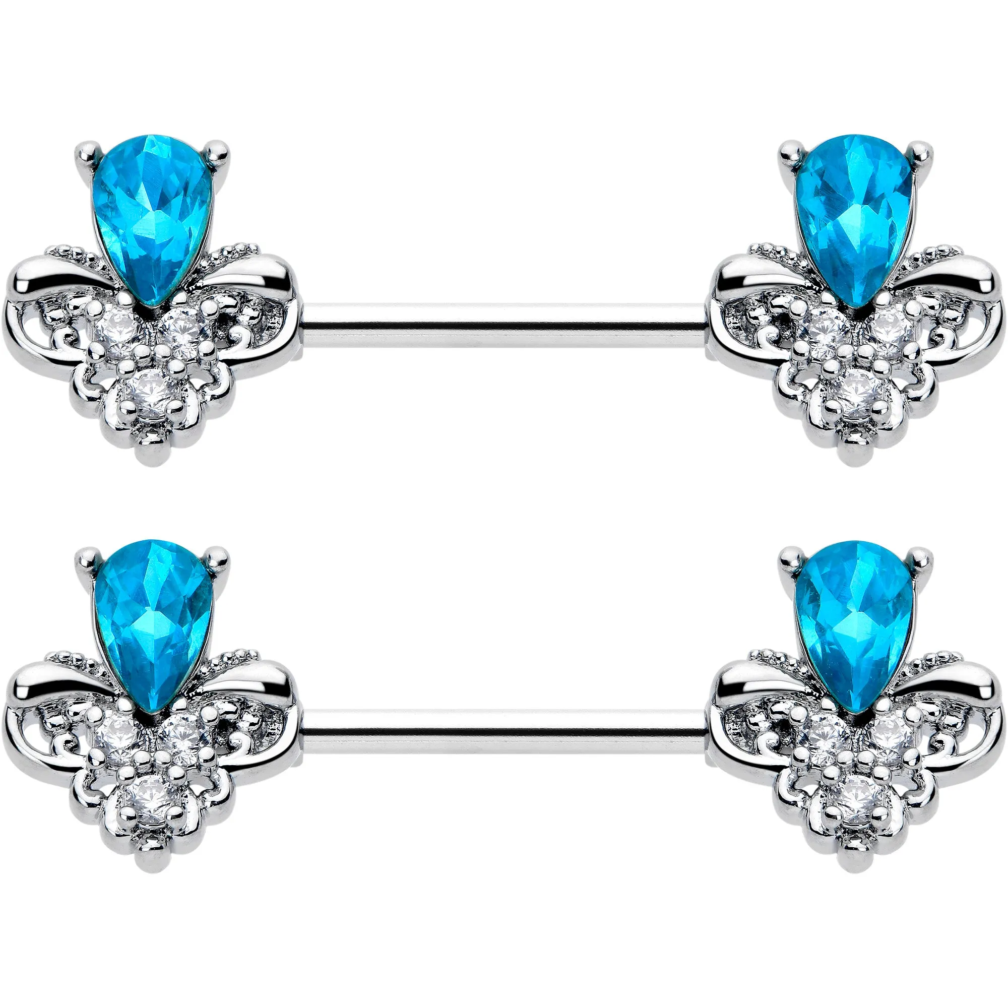 14 Gauge 9/16 Blue Gem Style Simplicity Barbell Nipple Ring Set
