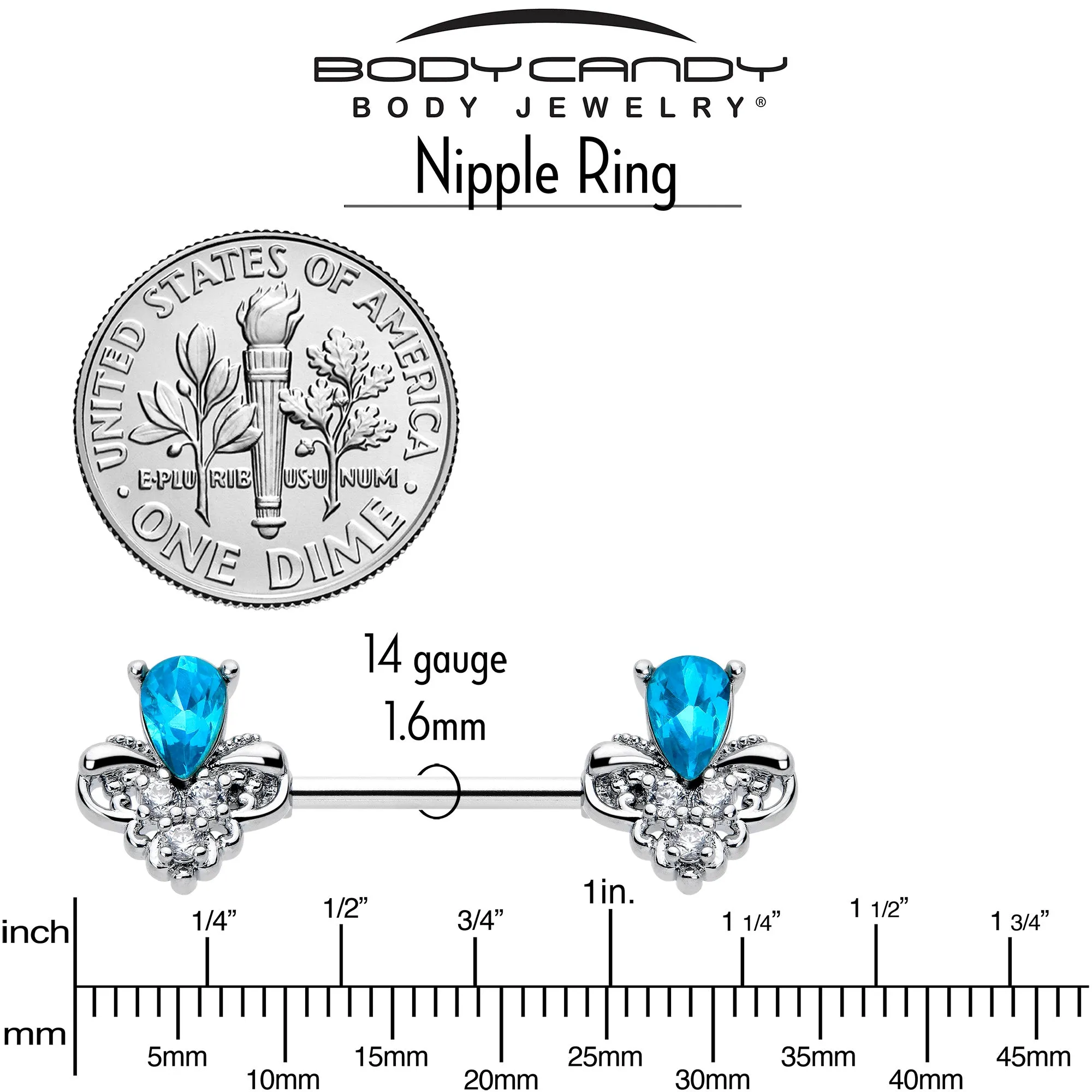 14 Gauge 9/16 Blue Gem Style Simplicity Barbell Nipple Ring Set