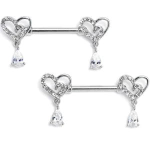 14 Gauge 9/16 Clear CZ Gem Asymmetrical Heart Dangle Nipple Ring Set