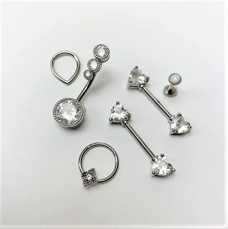 14 Gauge 9/16 Clear CZ Gem Heart Barbell Nipple Ring Set