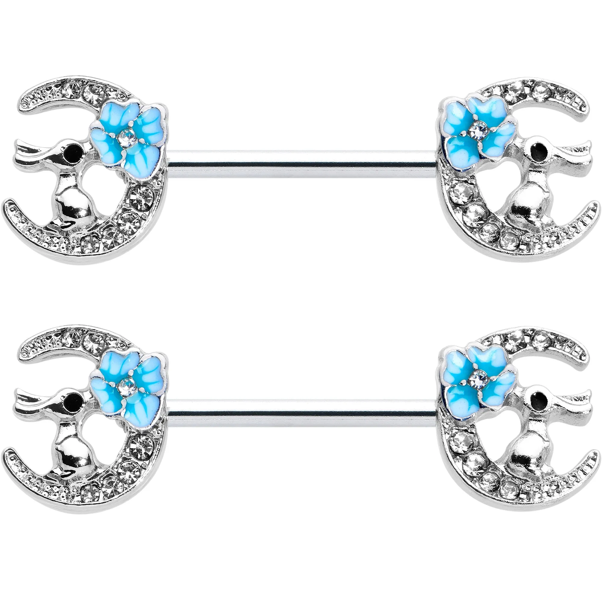 14 Gauge 9/16 Clear Gem Rabbit On Moon Flower Blue Nipple Ring Set