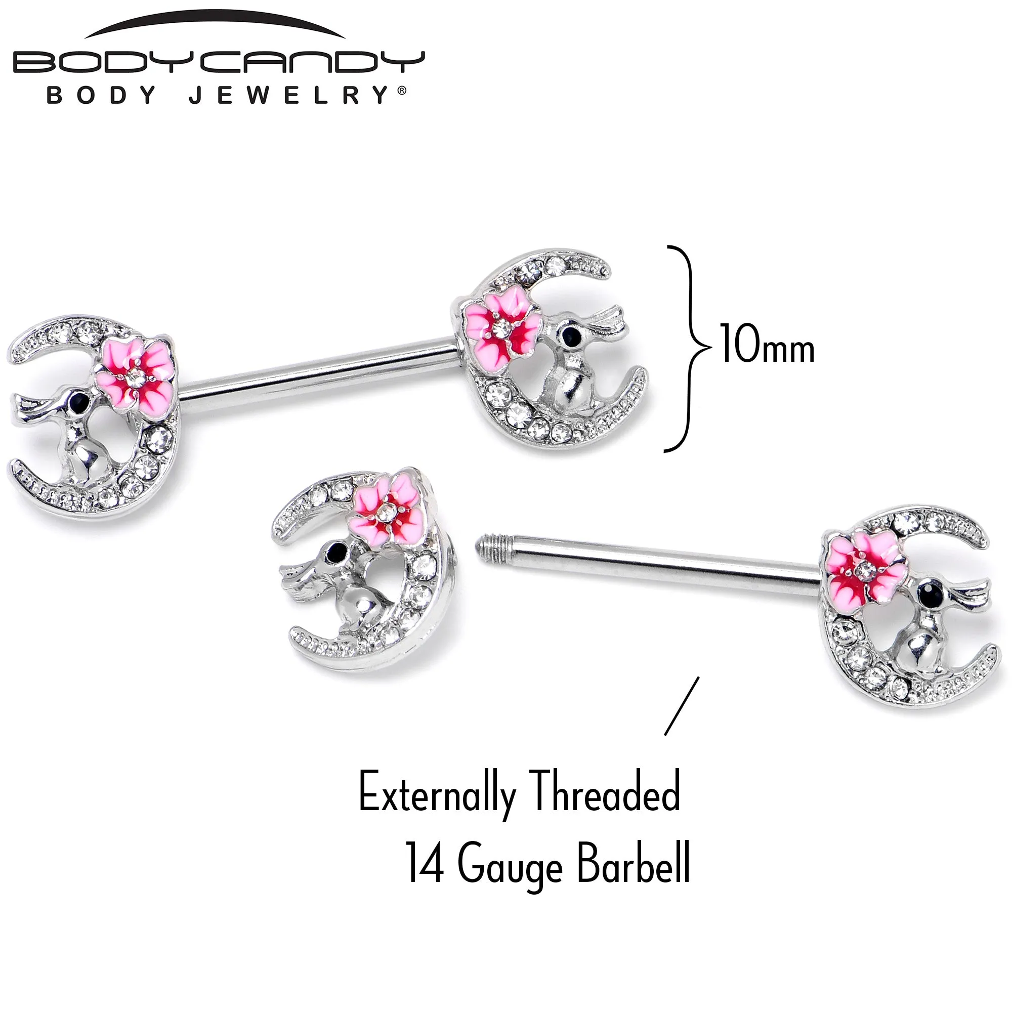 14 Gauge 9/16 Clear Gem Rabbit On Moon Flower Pink Nipple Ring Set