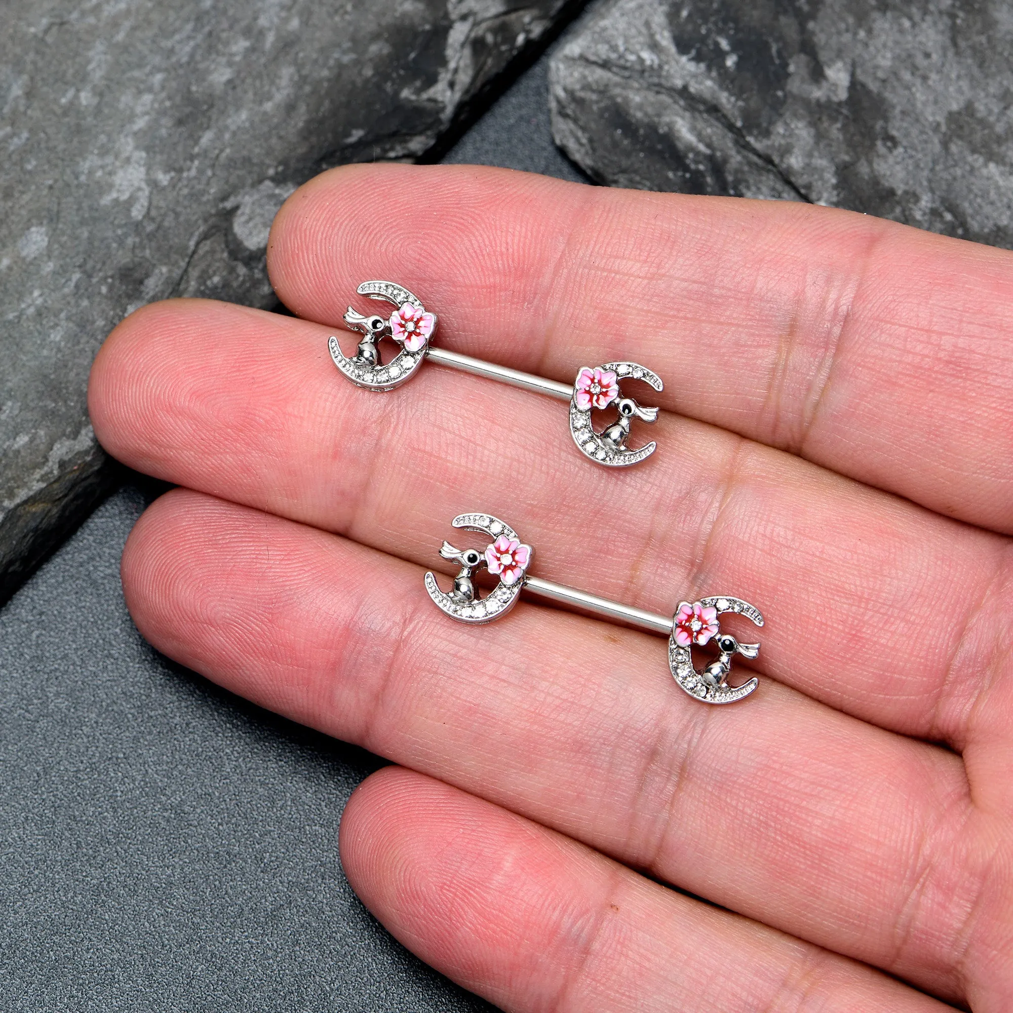 14 Gauge 9/16 Clear Gem Rabbit On Moon Flower Pink Nipple Ring Set