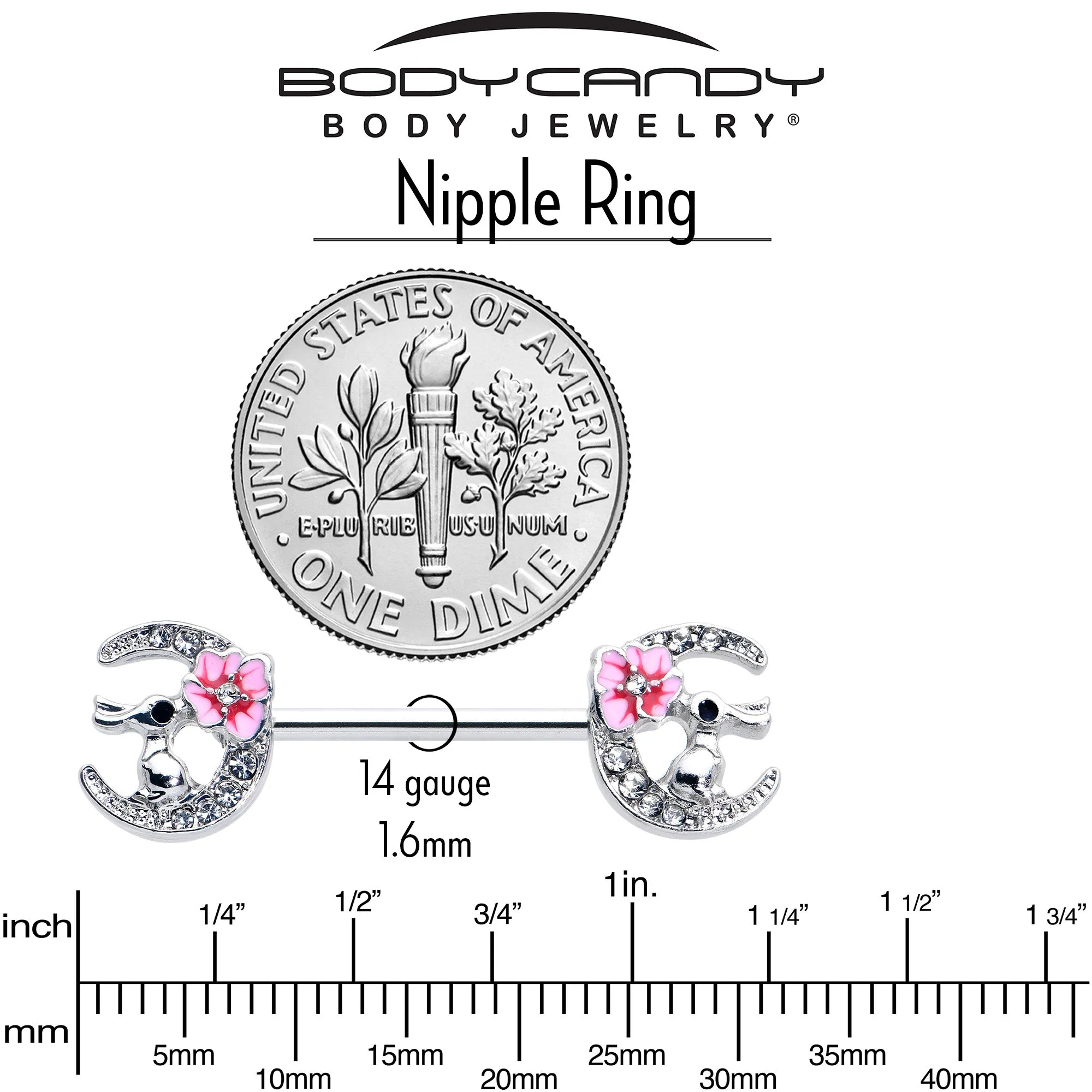 14 Gauge 9/16 Clear Gem Rabbit On Moon Flower Pink Nipple Ring Set