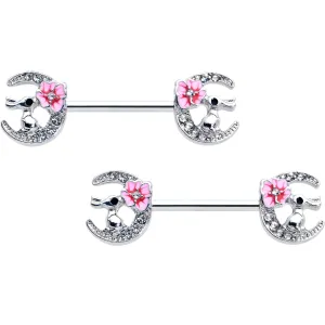 14 Gauge 9/16 Clear Gem Rabbit On Moon Flower Pink Nipple Ring Set