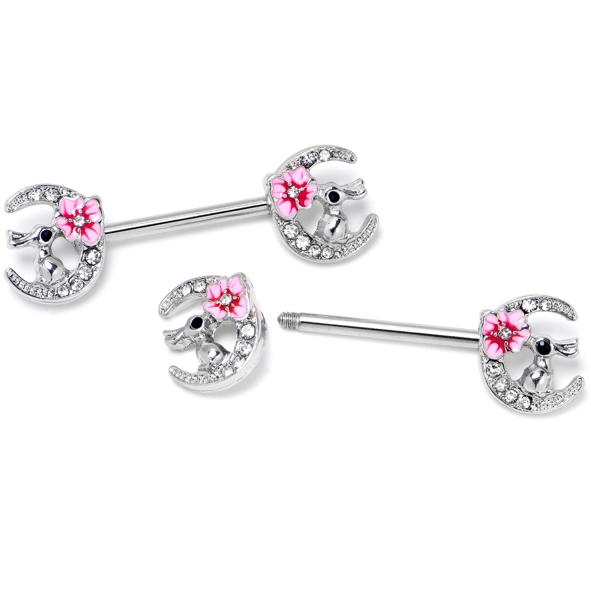 14 Gauge 9/16 Clear Gem Rabbit On Moon Flower Pink Nipple Ring Set