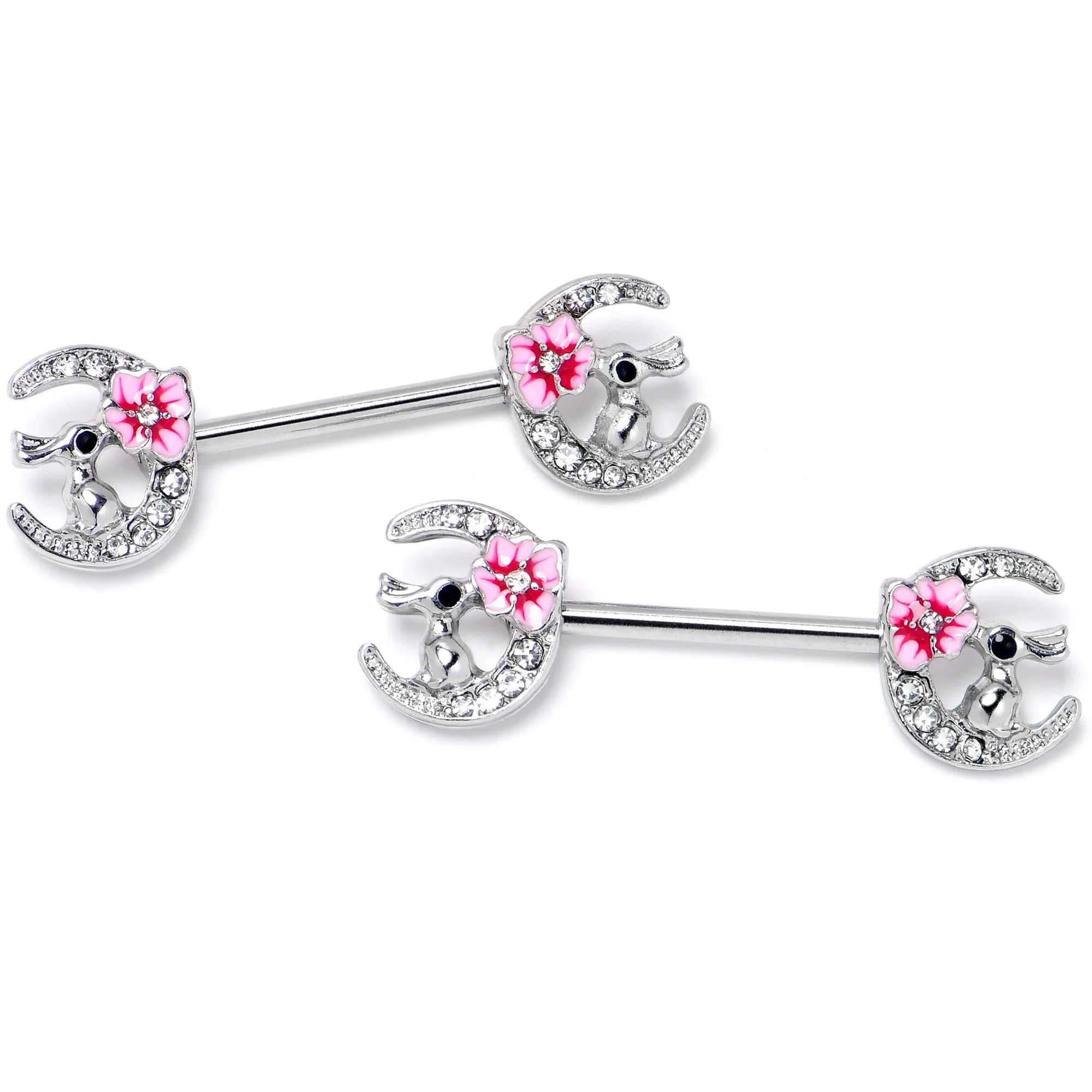 14 Gauge 9/16 Clear Gem Rabbit On Moon Flower Pink Nipple Ring Set