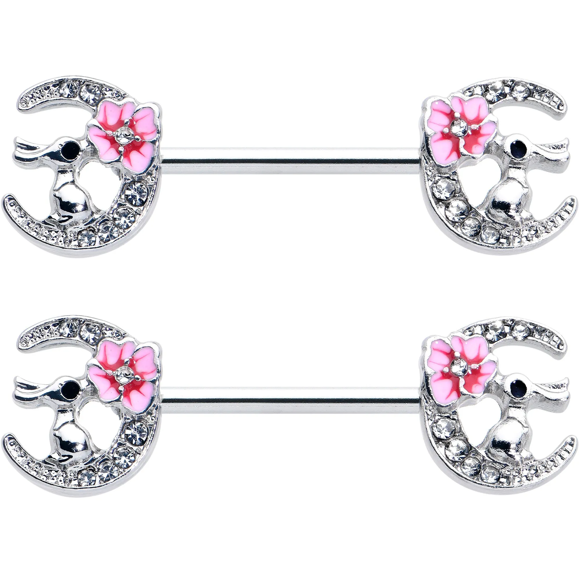 14 Gauge 9/16 Clear Gem Rabbit On Moon Flower Pink Nipple Ring Set