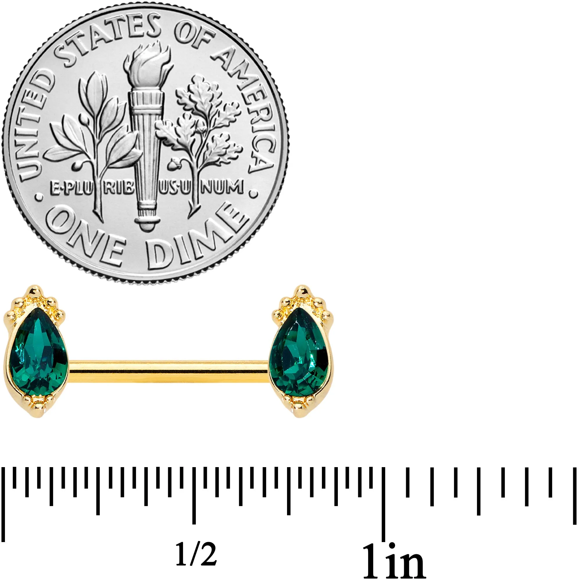 14 Gauge 9/16 Green Gem Gold Tone Drop Barbell Nipple Ring Set