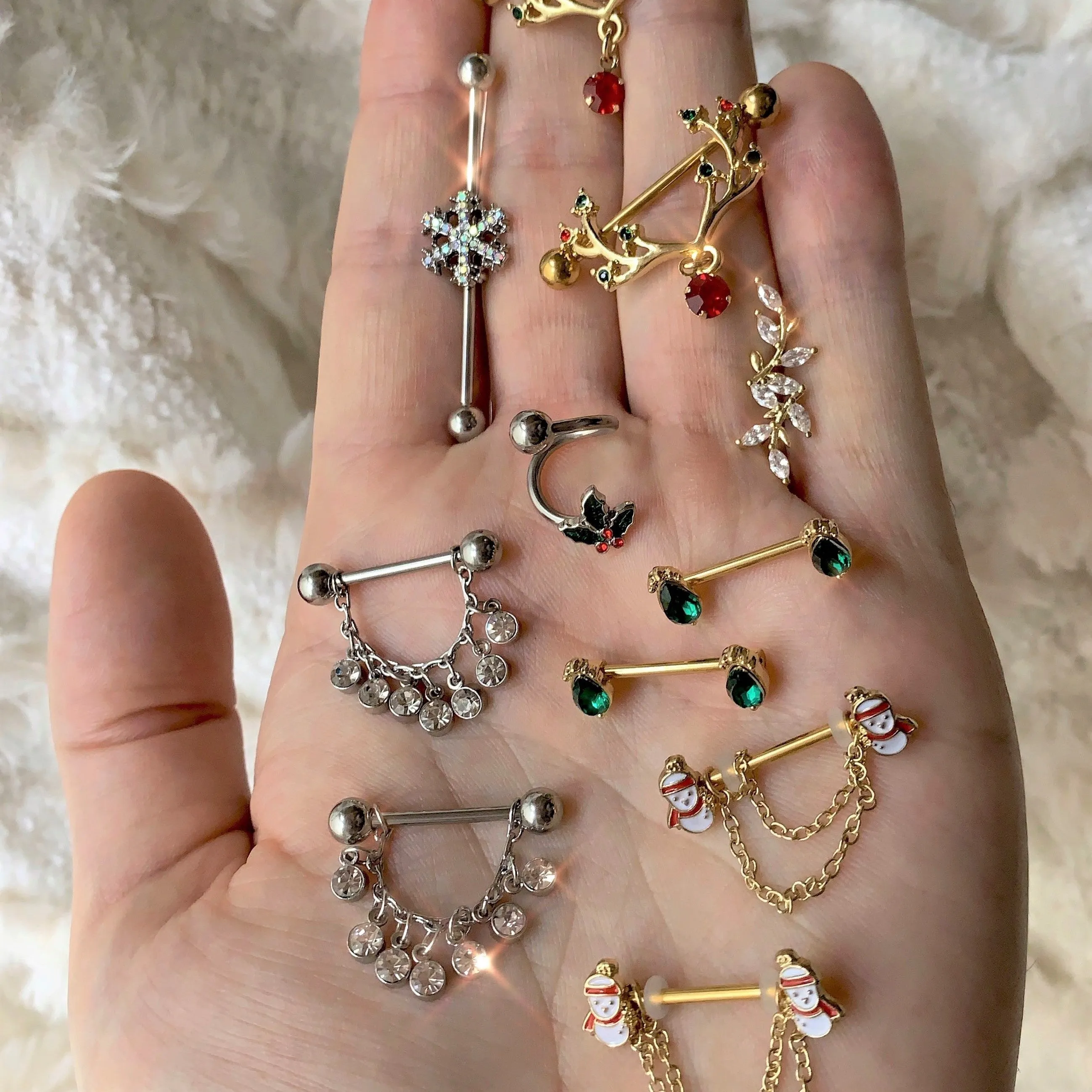 14 Gauge 9/16 Green Gem Gold Tone Drop Barbell Nipple Ring Set