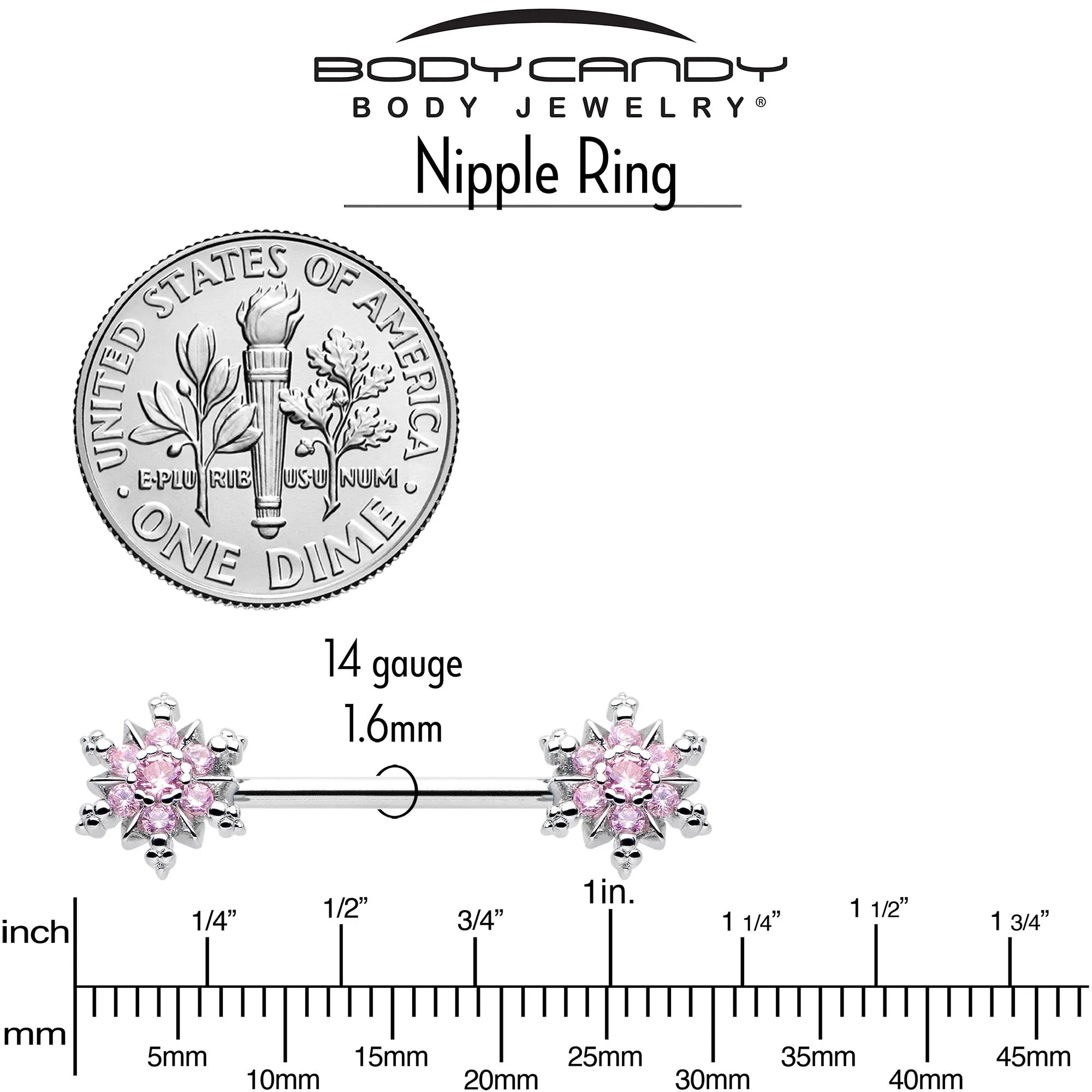 14 Gauge 9/16 Pink CZ Gem Snowflake Glam Barbell Nipple Ring Set