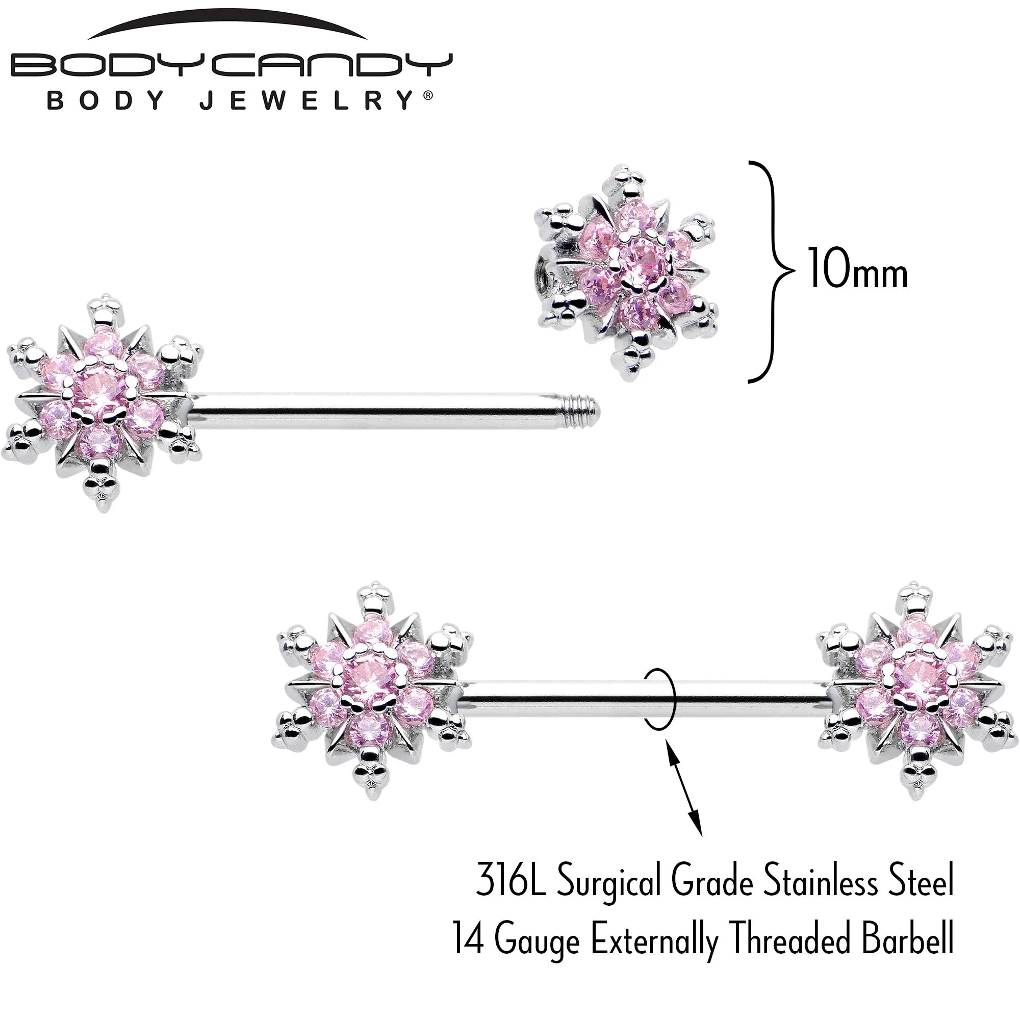 14 Gauge 9/16 Pink CZ Gem Snowflake Glam Barbell Nipple Ring Set