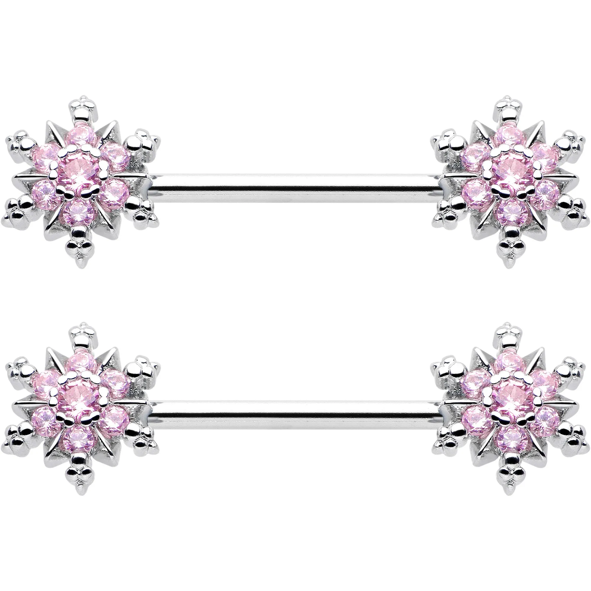 14 Gauge 9/16 Pink CZ Gem Snowflake Glam Barbell Nipple Ring Set