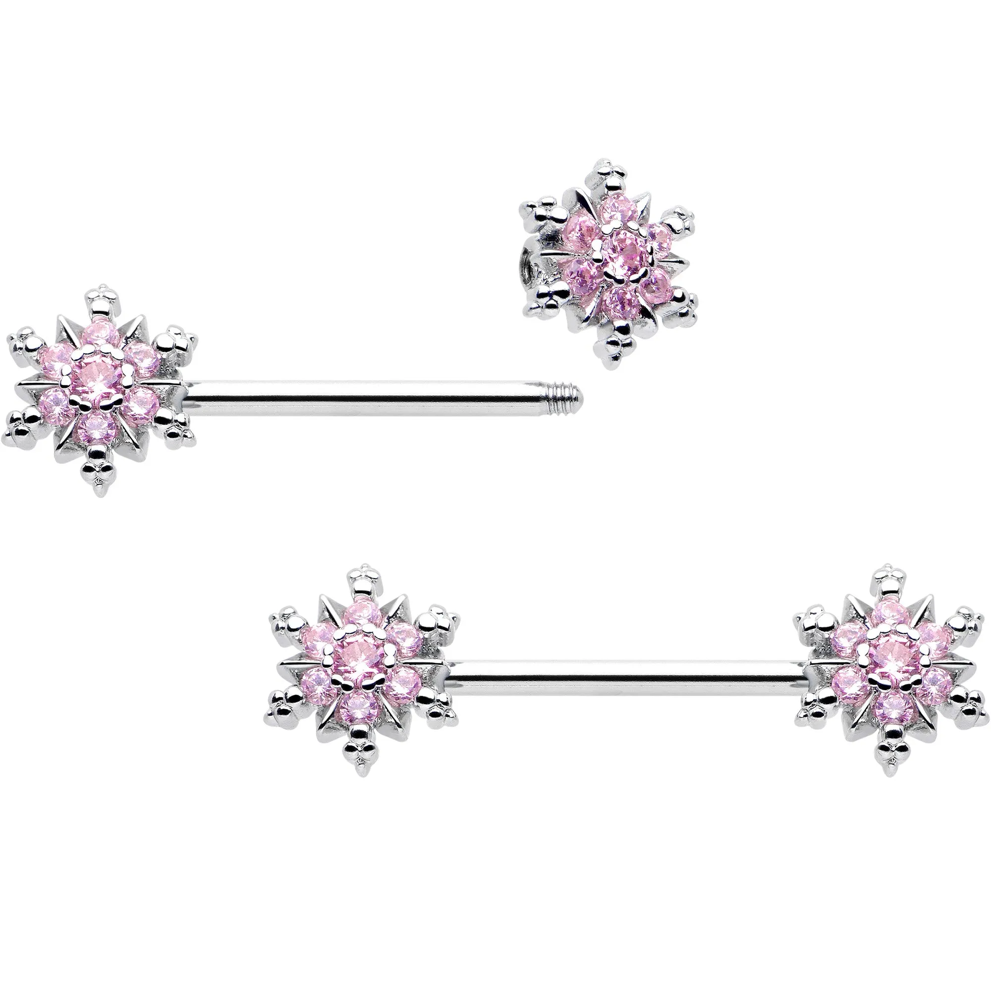 14 Gauge 9/16 Pink CZ Gem Snowflake Glam Barbell Nipple Ring Set