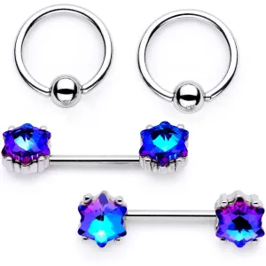 14 Gauge Blue Gem Supernova Captive Ring Barbell Nipple Ring Set
