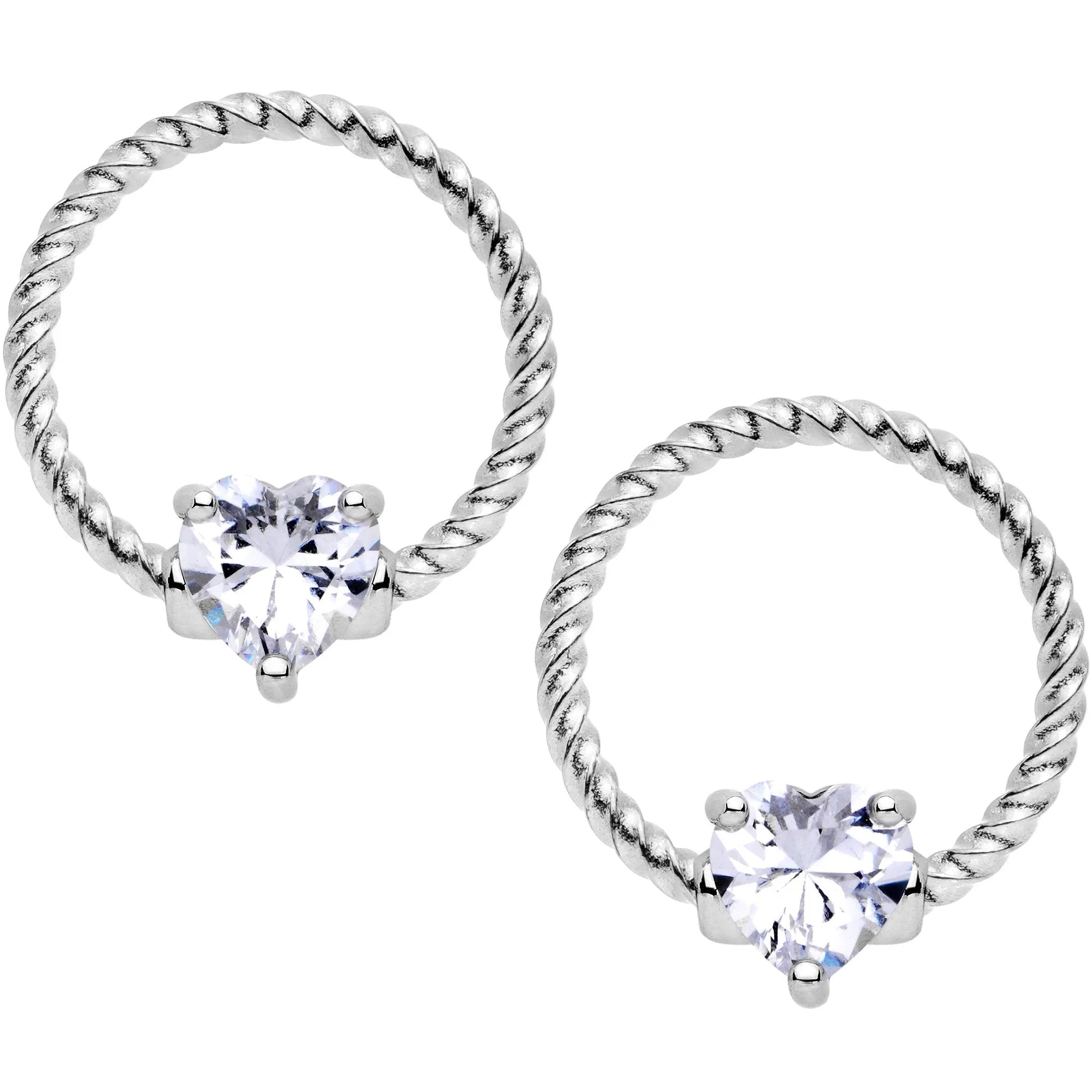 14 Gauge Clear CZ Gem Heart Twisted BCR Ring Barbell Nipple Ring Set