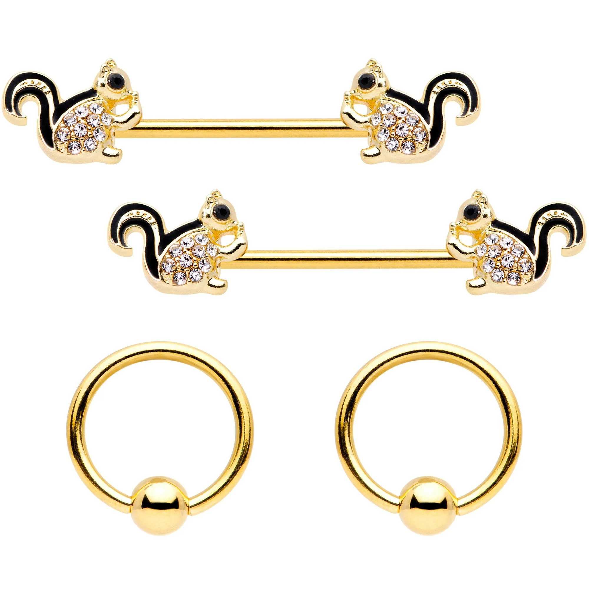 14 Gauge Clear Gem Gold Tone Squirrel BCR Barbell Nipple Ring Set of 4