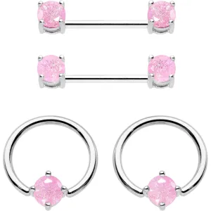 14 Gauge Pink CZ Gem BCR Captive Ring Barbell Nipple Ring Set