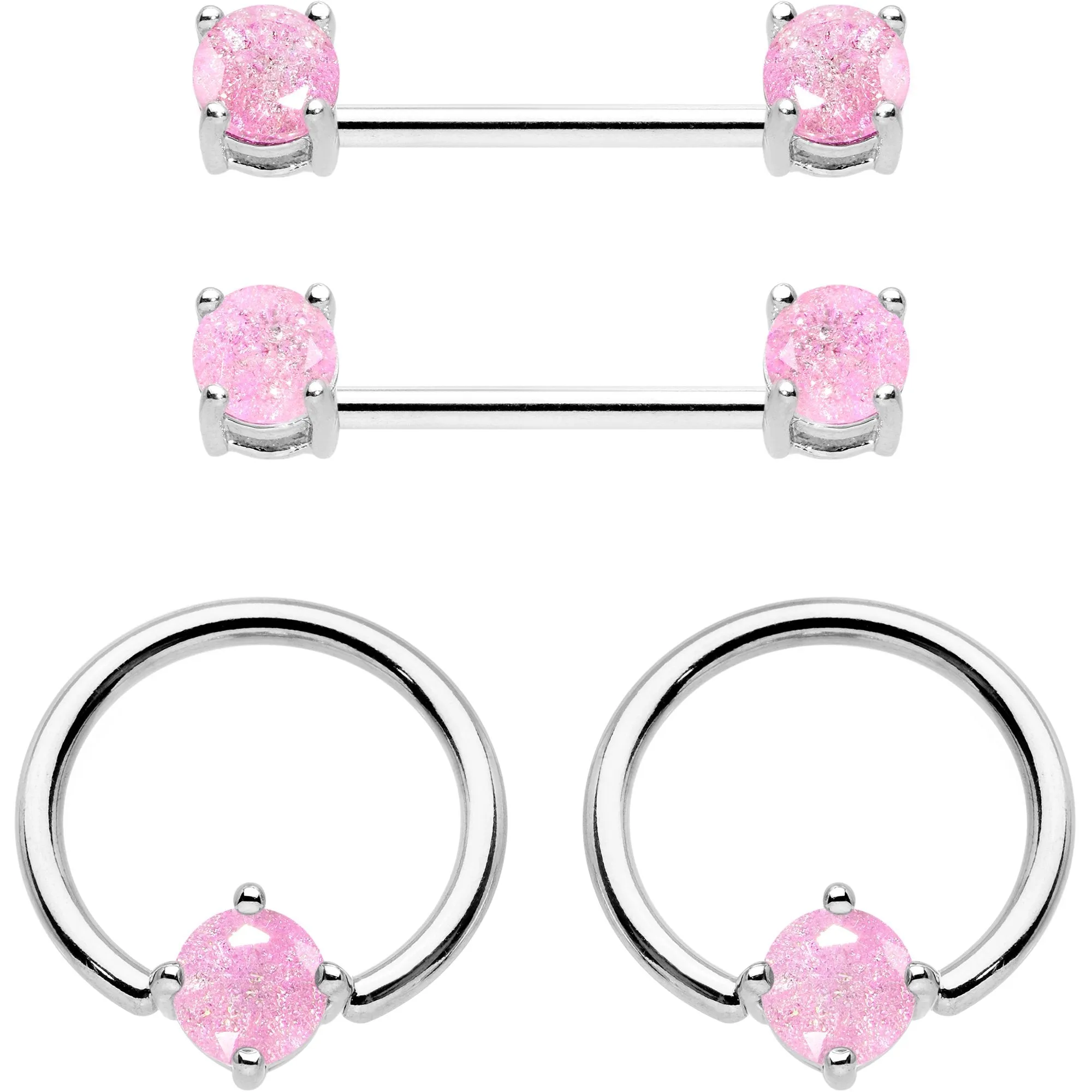 14 Gauge Pink CZ Gem BCR Captive Ring Barbell Nipple Ring Set