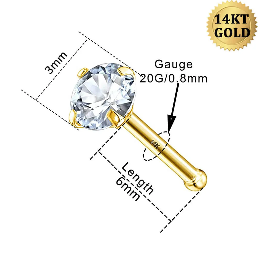 14K Gold 20G Round CZ Nose Stud