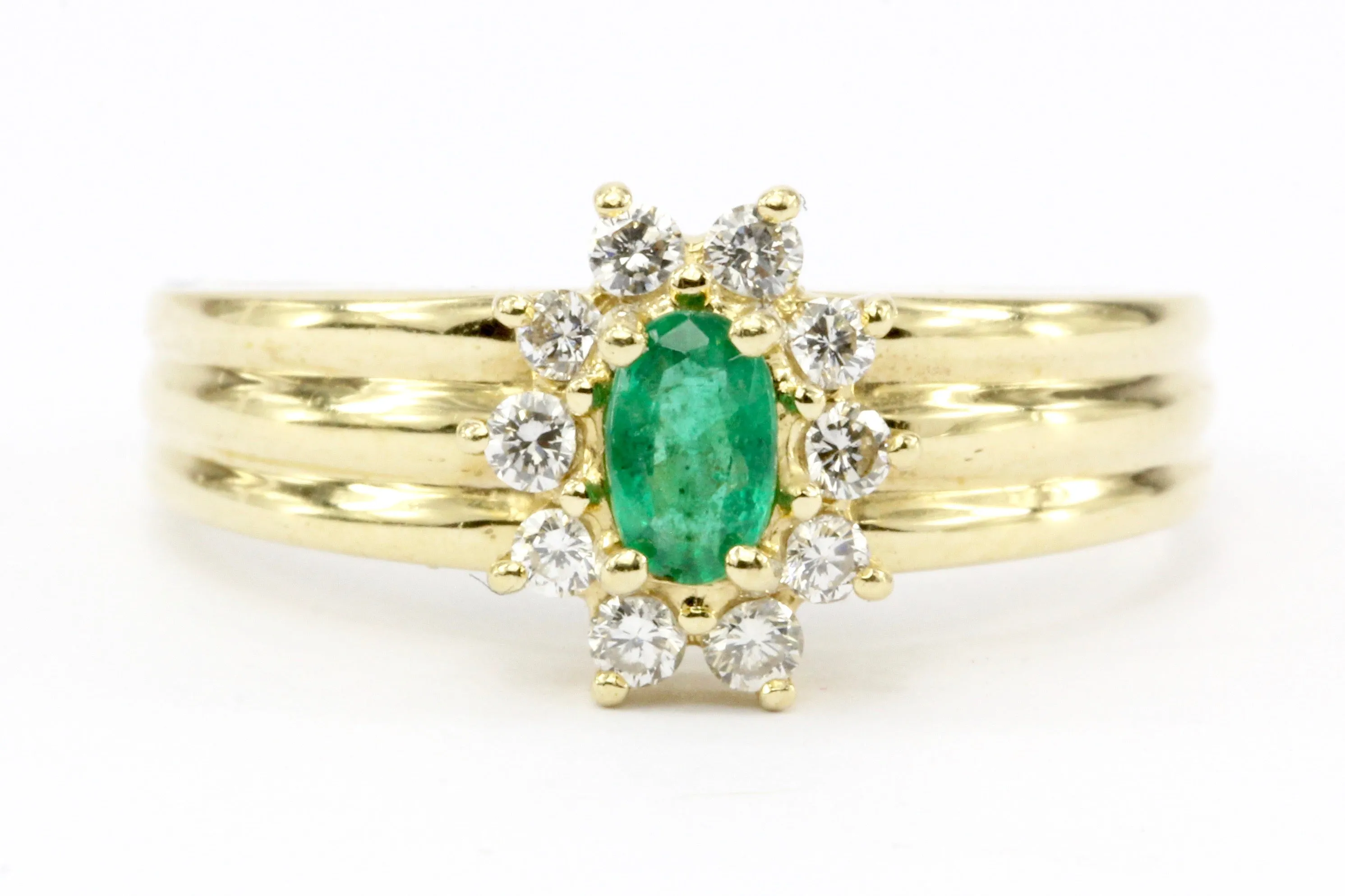 14K Gold Emerald & Diamond Halo Engagement Ring Size 7.25
