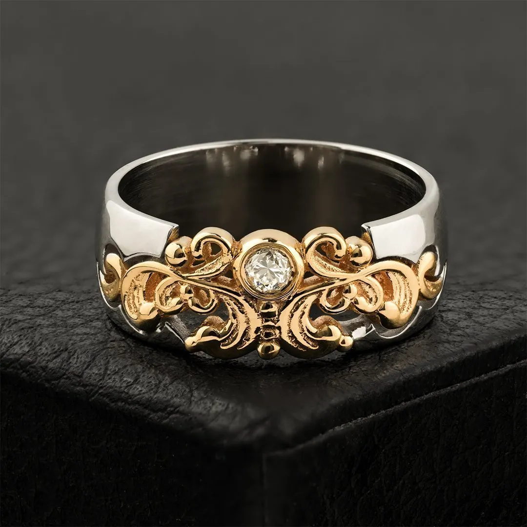 14k Two Tone Gold Vintage Diamond Crown Ring 0.05 Ctw