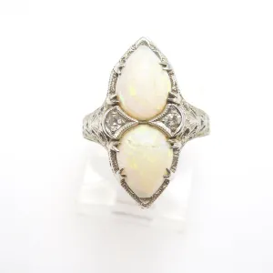 14K White Gold Ring with Pear Shaped Opals and Diamond Accents