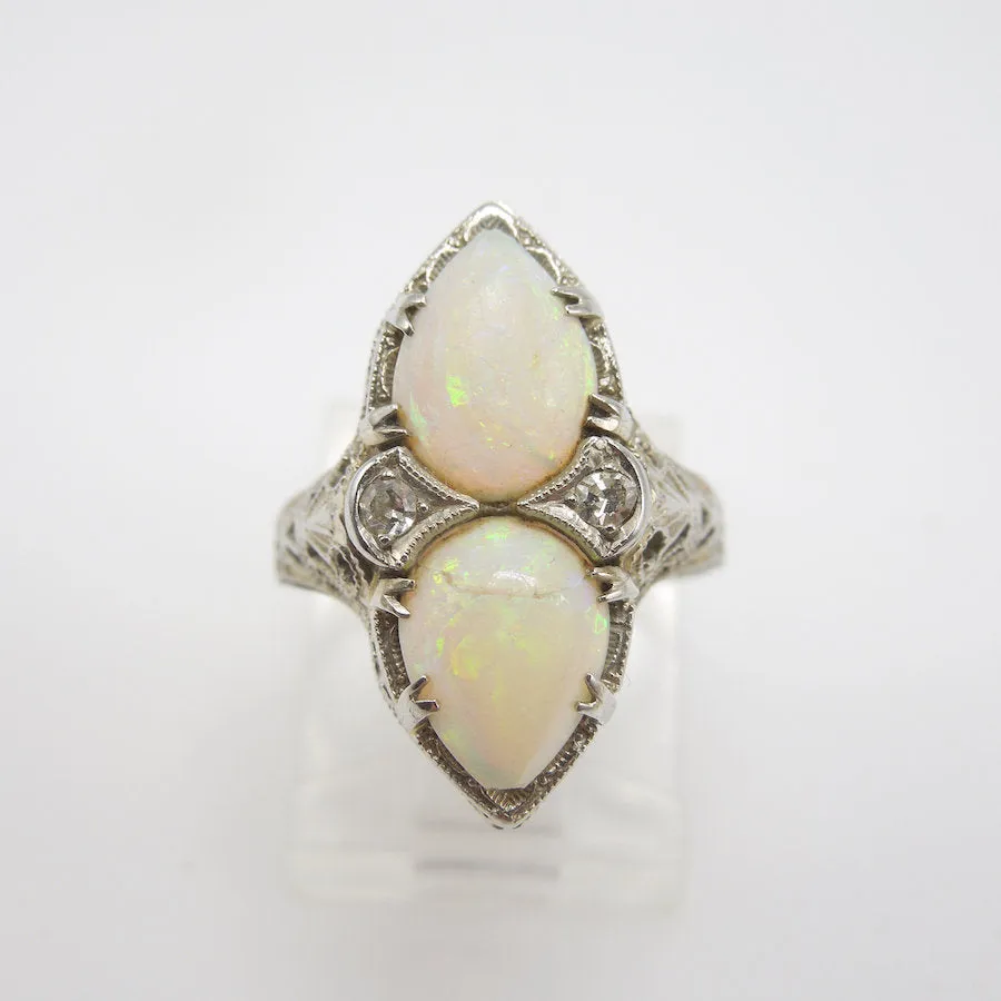 14K White Gold Ring with Pear Shaped Opals and Diamond Accents