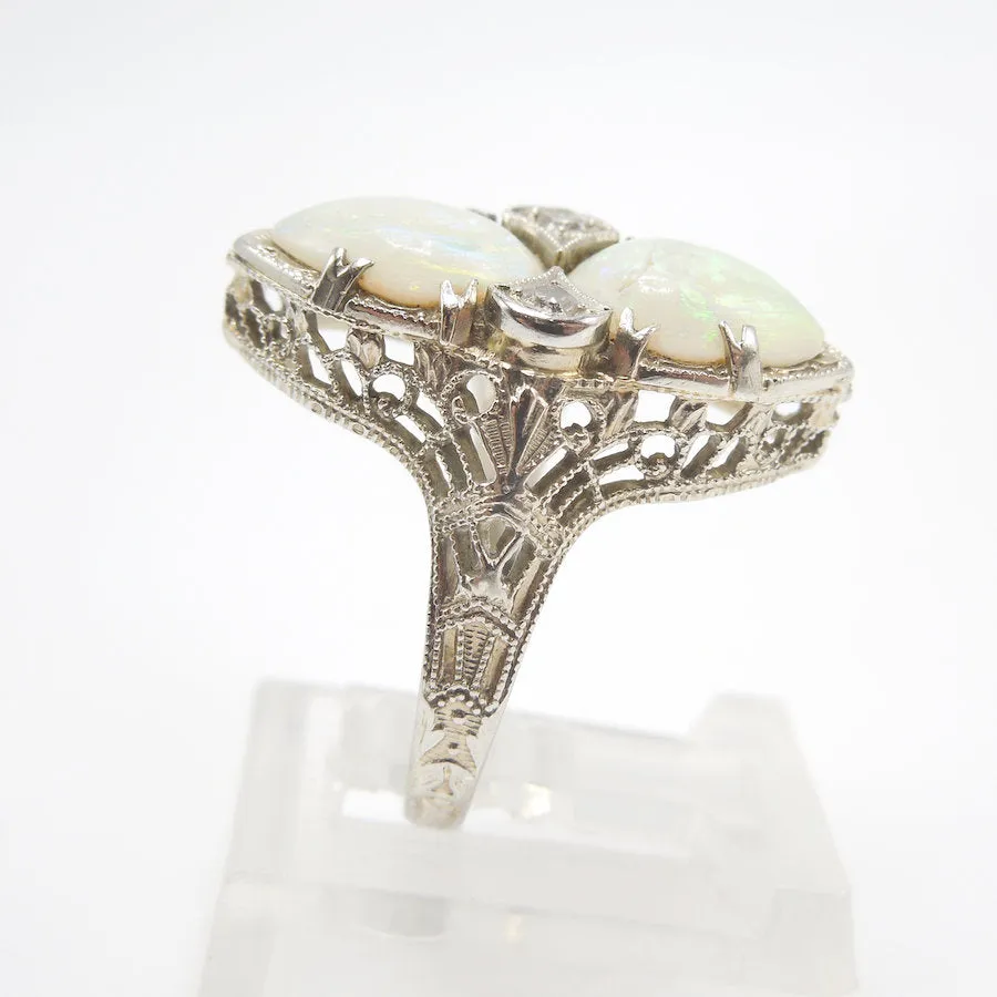 14K White Gold Ring with Pear Shaped Opals and Diamond Accents