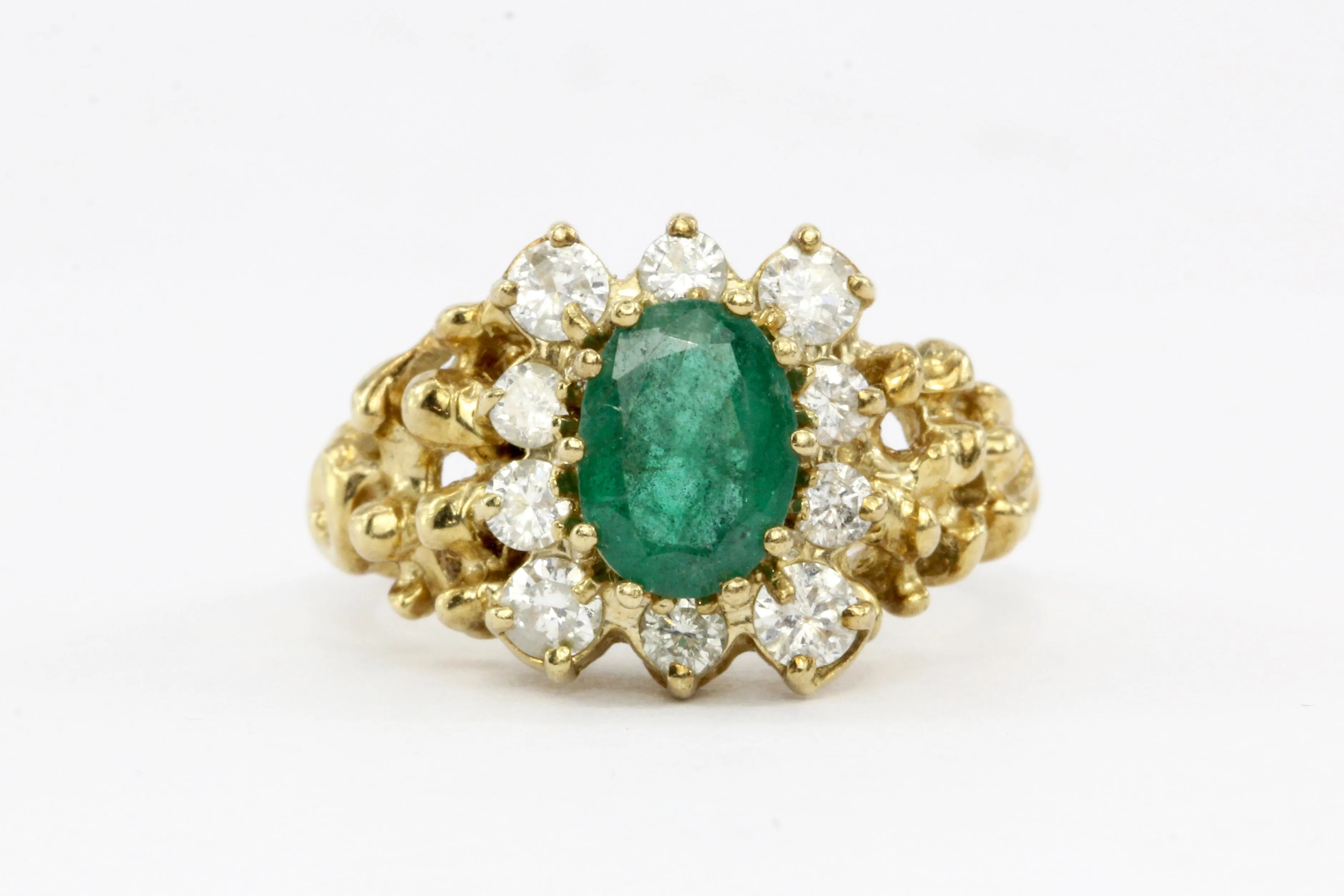 14K Yellow Gold .85 CT Natural Emerald with .50 CTW Diamond Halo Ring