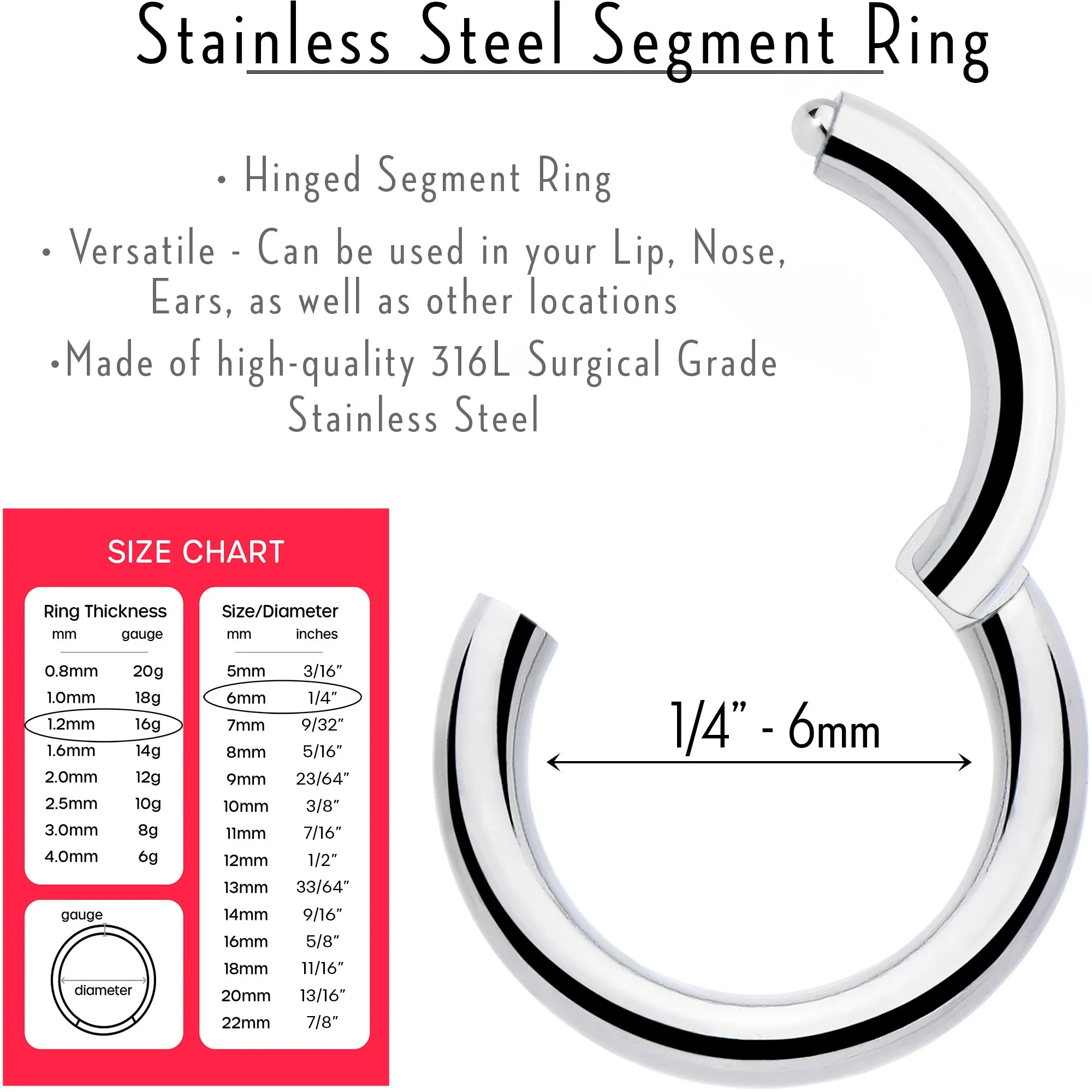 16 Gauge 1/4 316L Surgical Steel Precision Hinged Segment Hoop