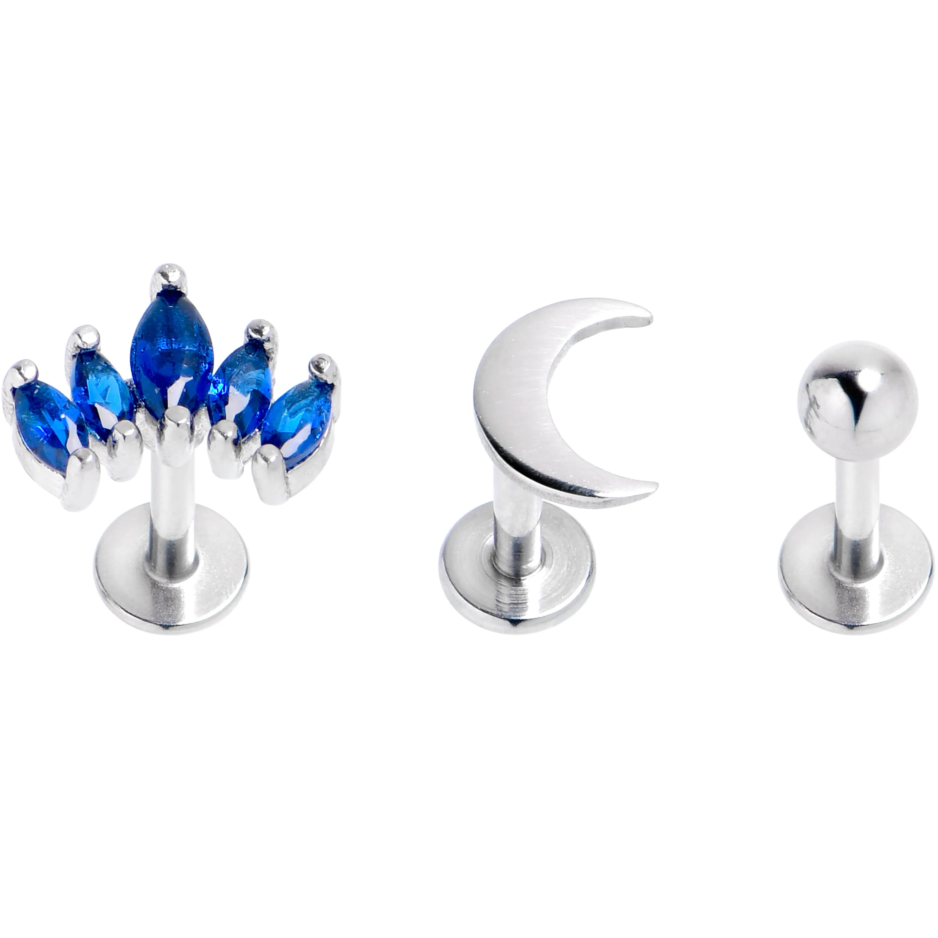 16 Gauge 1/4 Blue CZ Gem Moon Arch Labret Tragus Set of 3