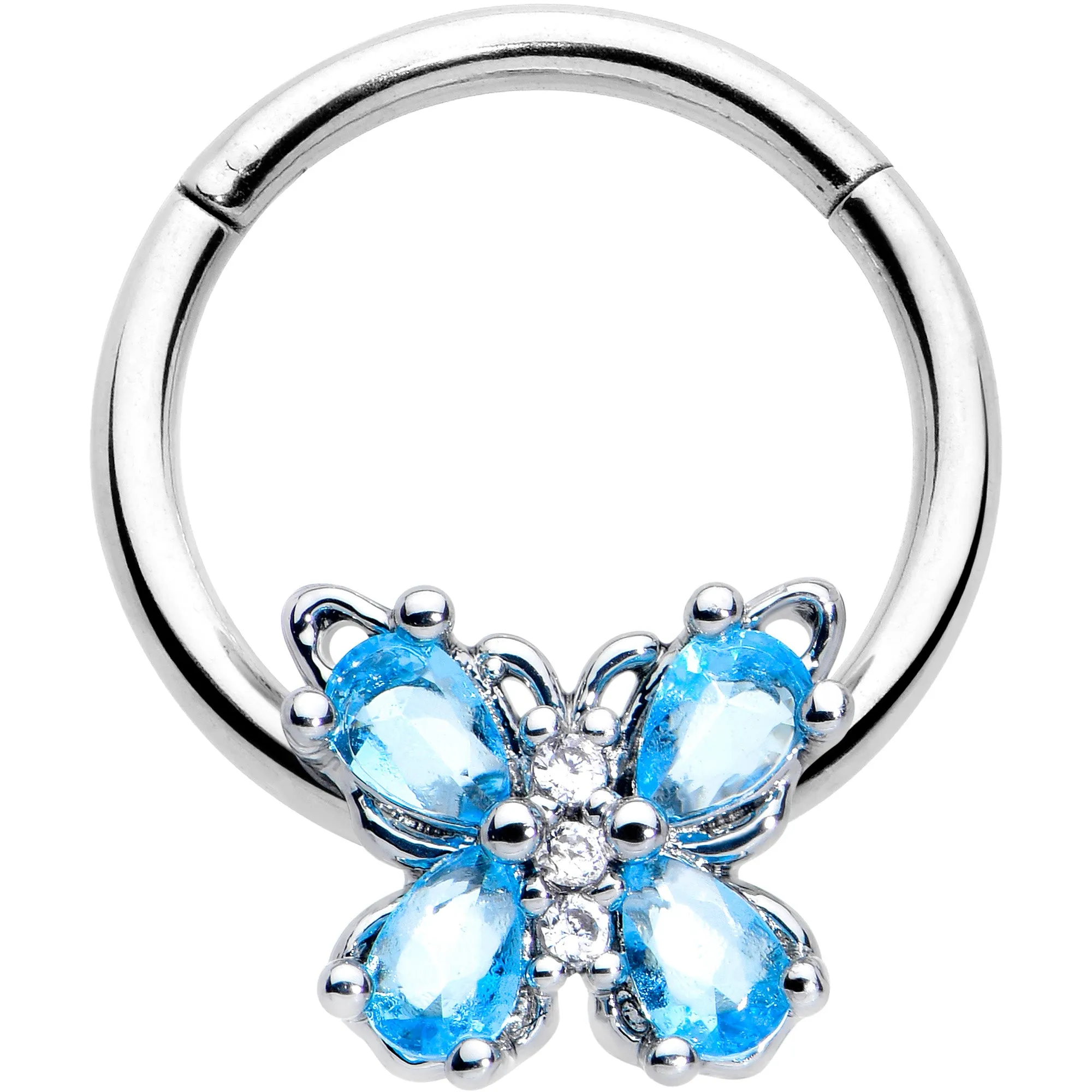16 Gauge 3/8 Blue Gem Baroque Beauty Butterfly Hinged Segment Ring