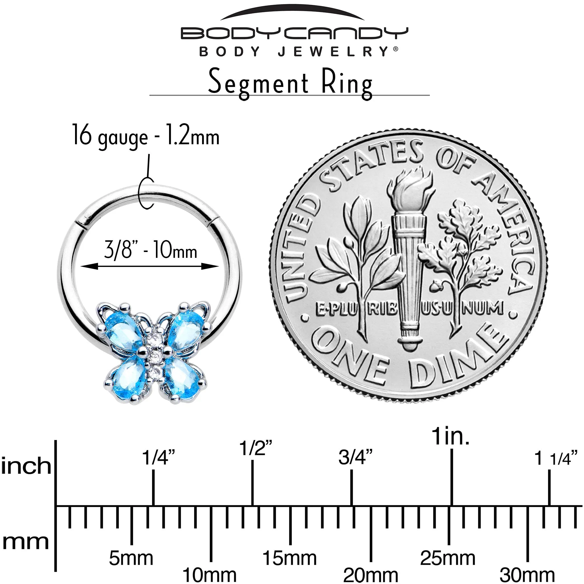16 Gauge 3/8 Blue Gem Baroque Beauty Butterfly Hinged Segment Ring