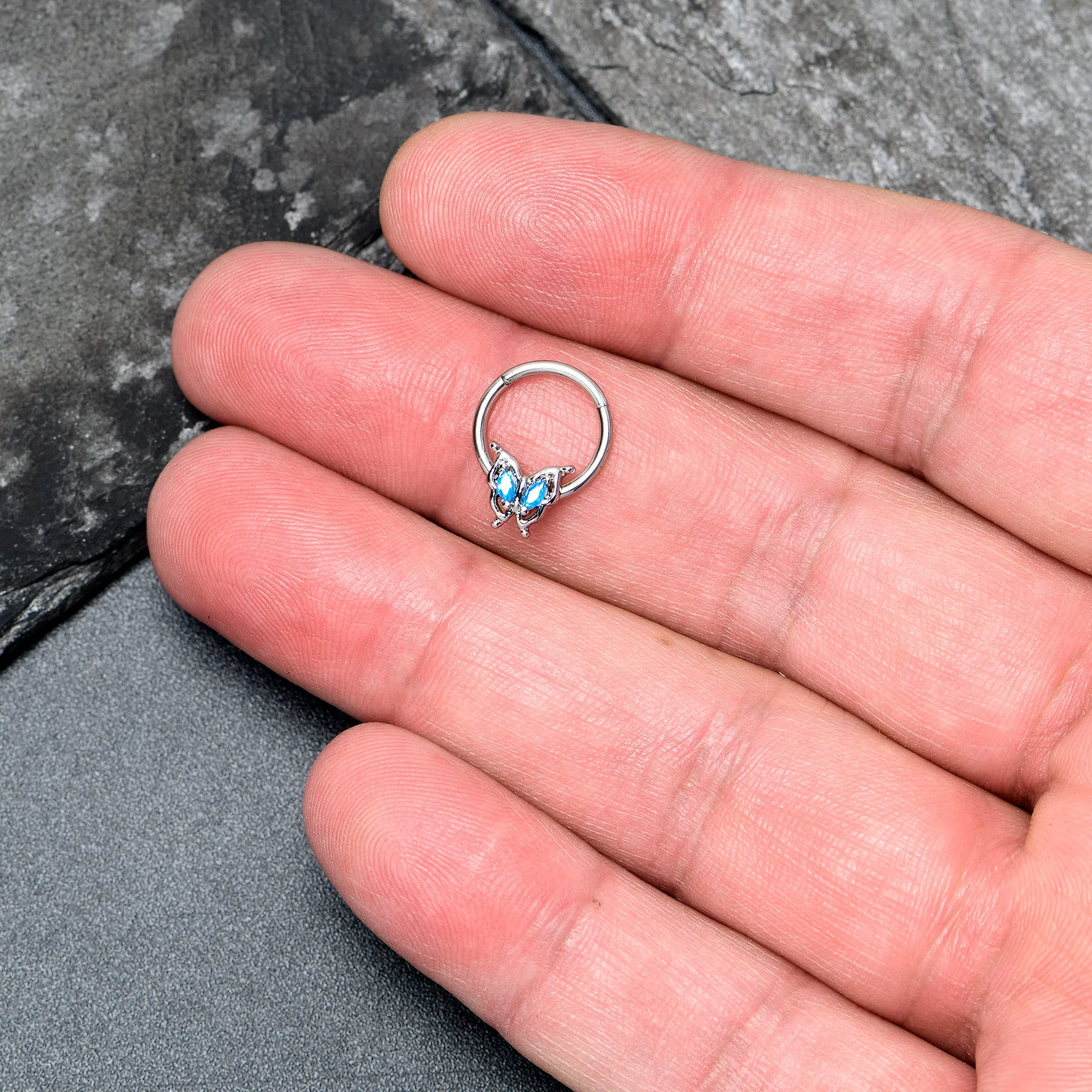 16 Gauge 3/8 Blue Gem Fancy Fab Butterfly Hinged Segment Ring