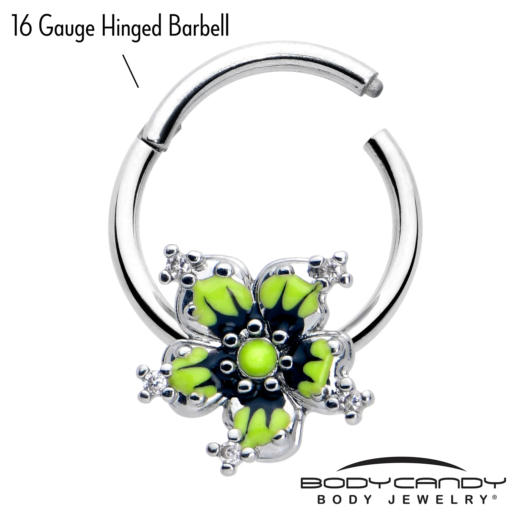 16 Gauge 3/8 Clear CZ Gem Go Green Flower Hinged Segment Ring