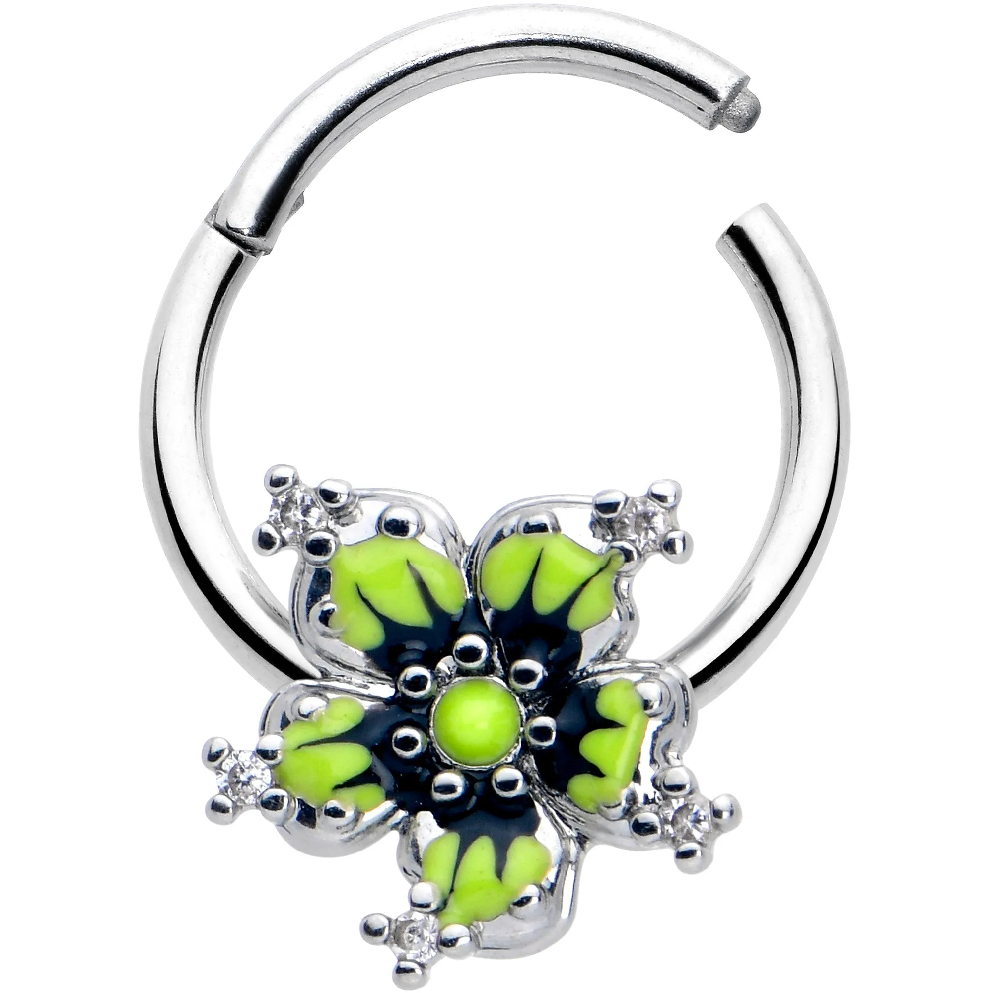 16 Gauge 3/8 Clear CZ Gem Go Green Flower Hinged Segment Ring