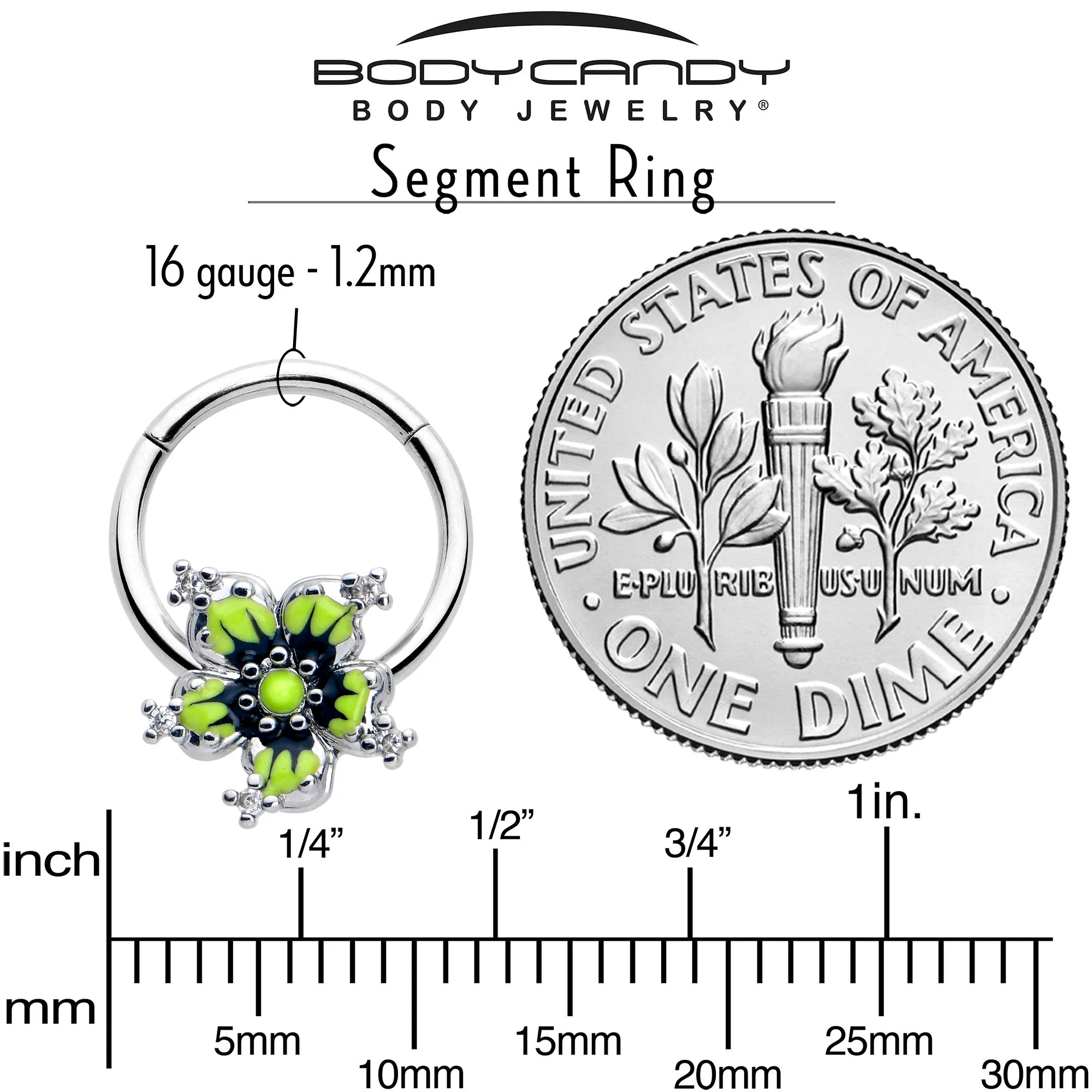 16 Gauge 3/8 Clear CZ Gem Go Green Flower Hinged Segment Ring