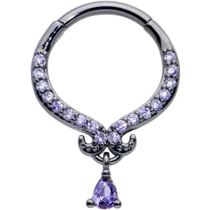 16 Gauge 3/8 Purple CZ Gem Black Elegant Curves Dangle Hinged Segment Ring